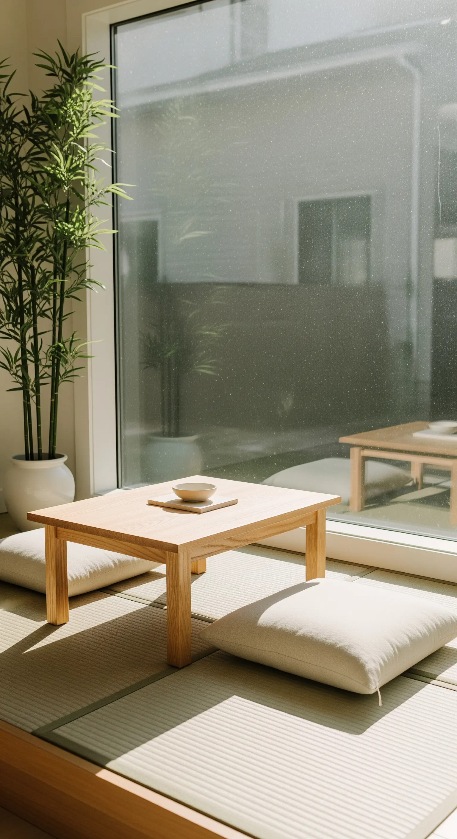 Tavolino basso in legno chiaro e cuscini bianchi davanti a una grande vetrata inondata di luce.