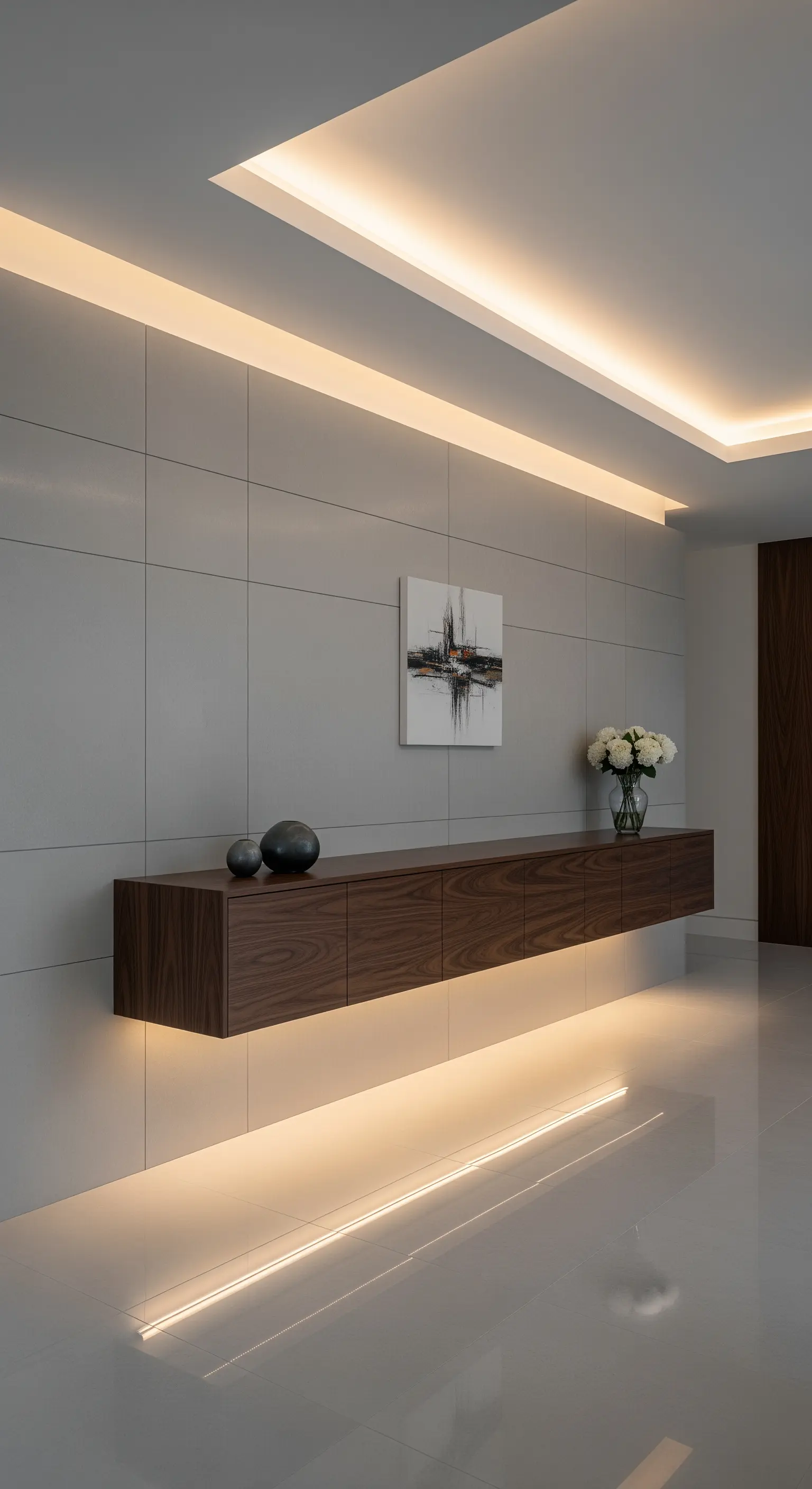 Console sospesa in legno scuro con illuminazione LED integrata sopra e sotto.