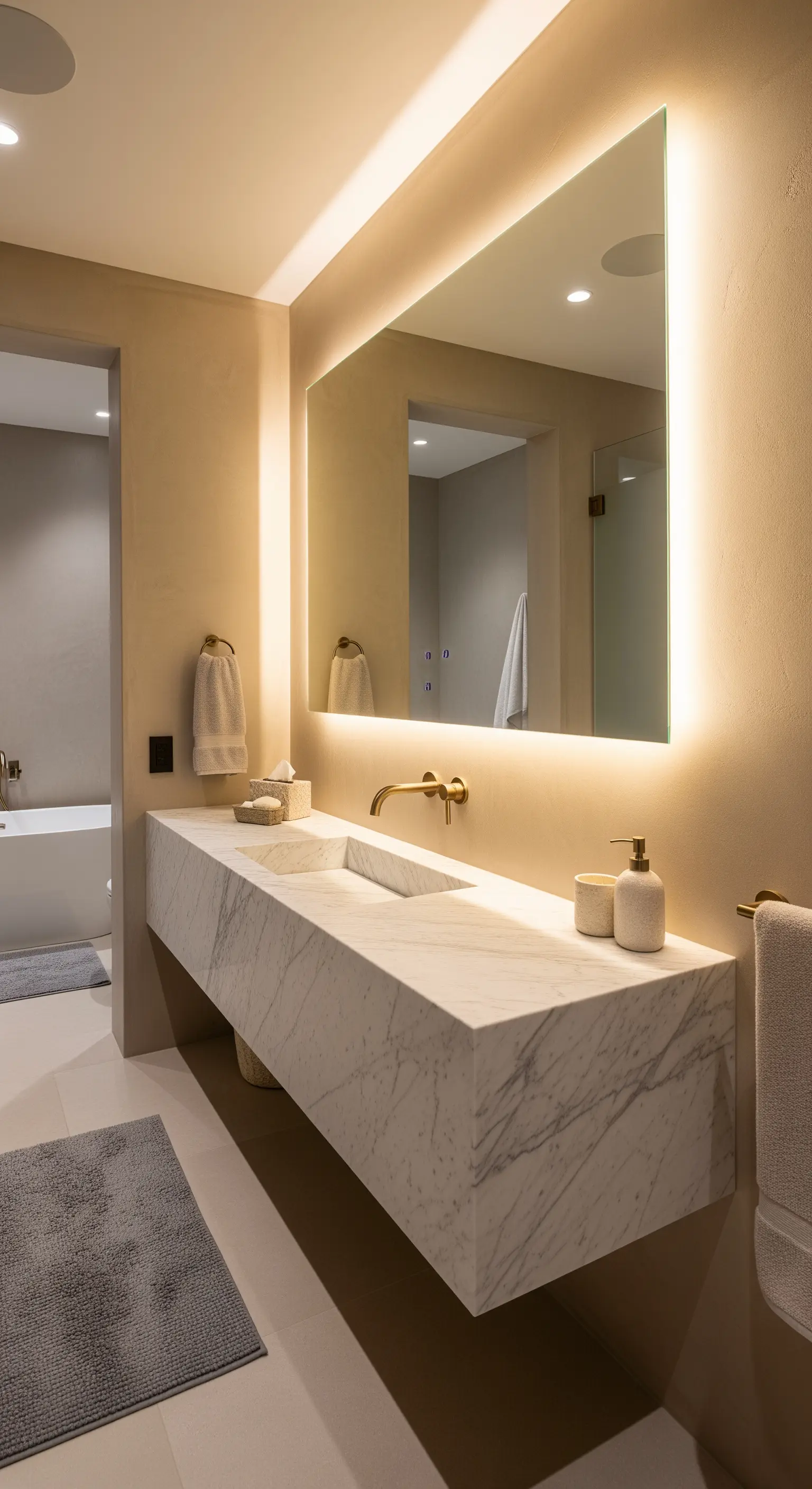 Grande lavabo in marmo bianco sospeso, con specchio retroilluminato su parete beige.