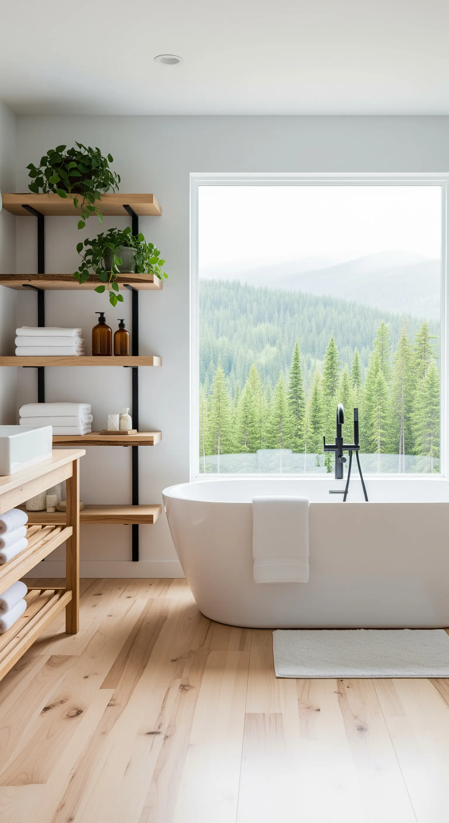 Bagno luminoso con mensole a giorno in legno e metallo vicino a una grande finestra.