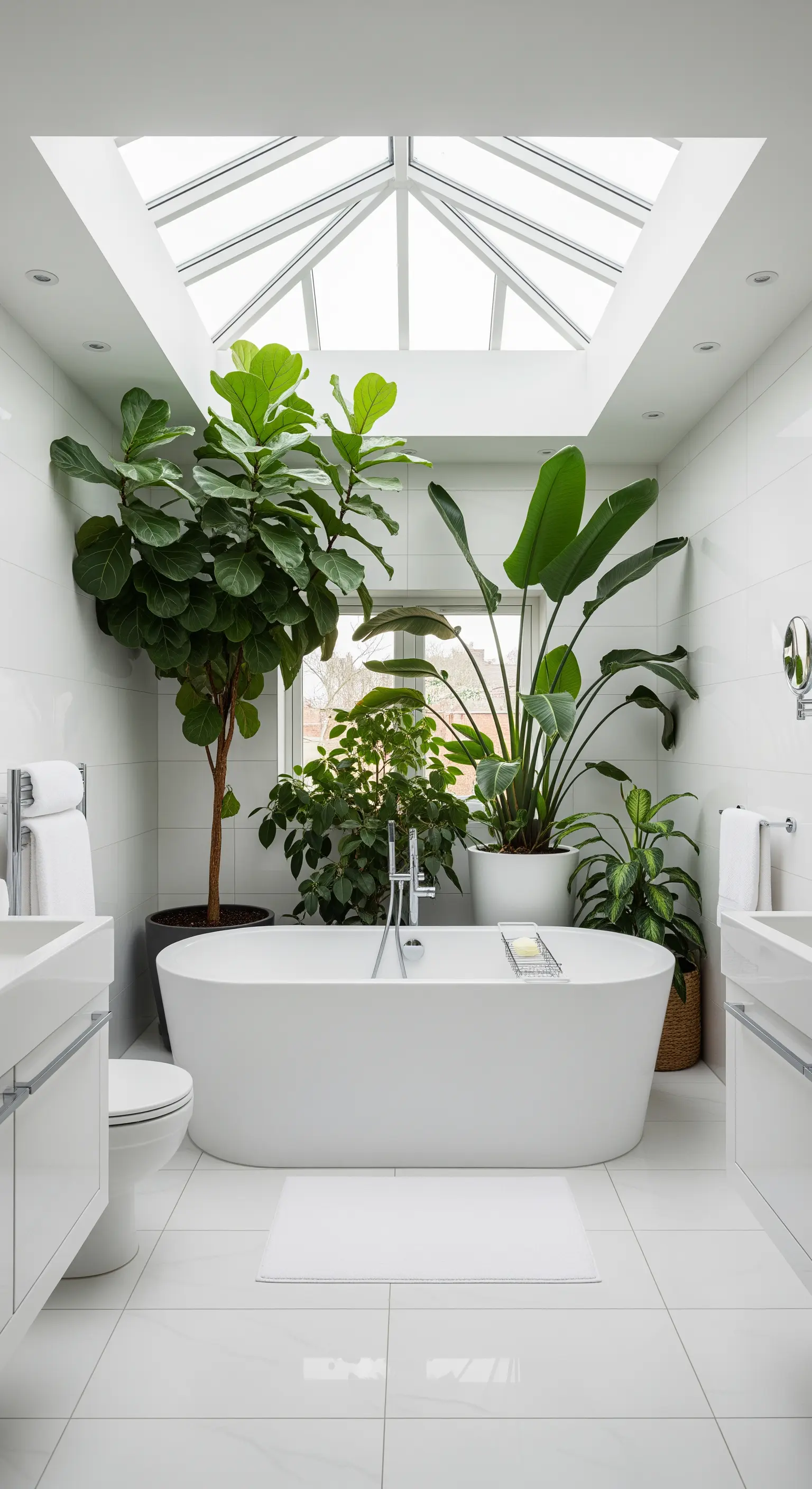 Bagno bianco luminoso con lucernario e piante monumentali come Ficus e Strelitzia.