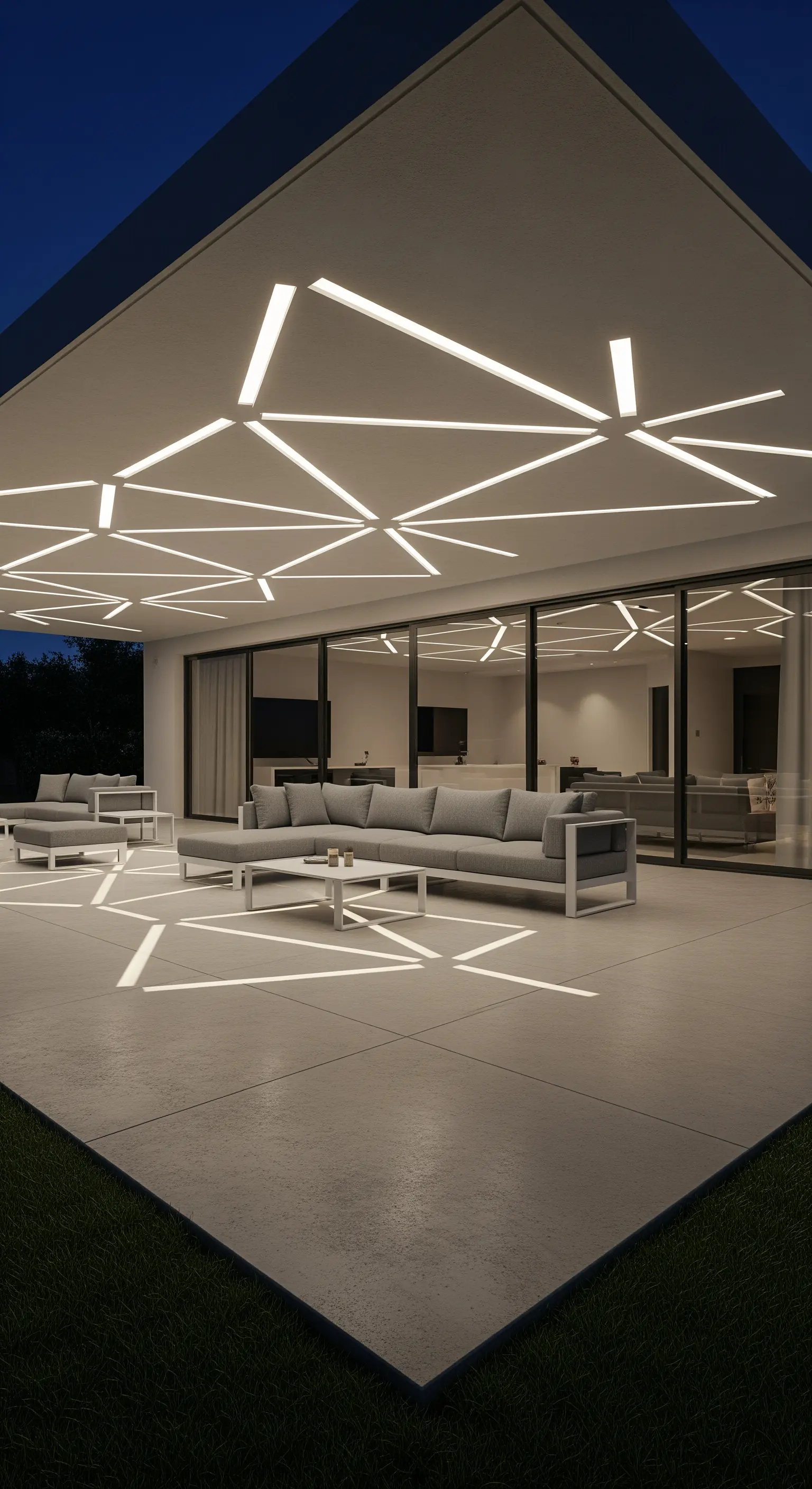 Patio con illuminazione a LED che crea un motivo geometrico astratto su pavimento e soffitto.