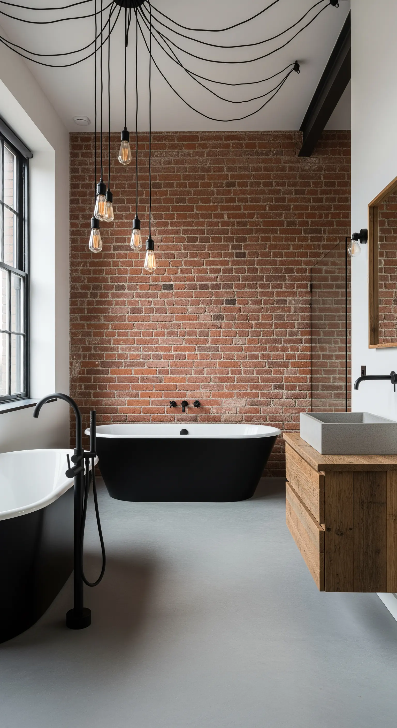 Bagno industrial con parete in mattoni, vasca nera e lampadario a sospensione con cavi neri.