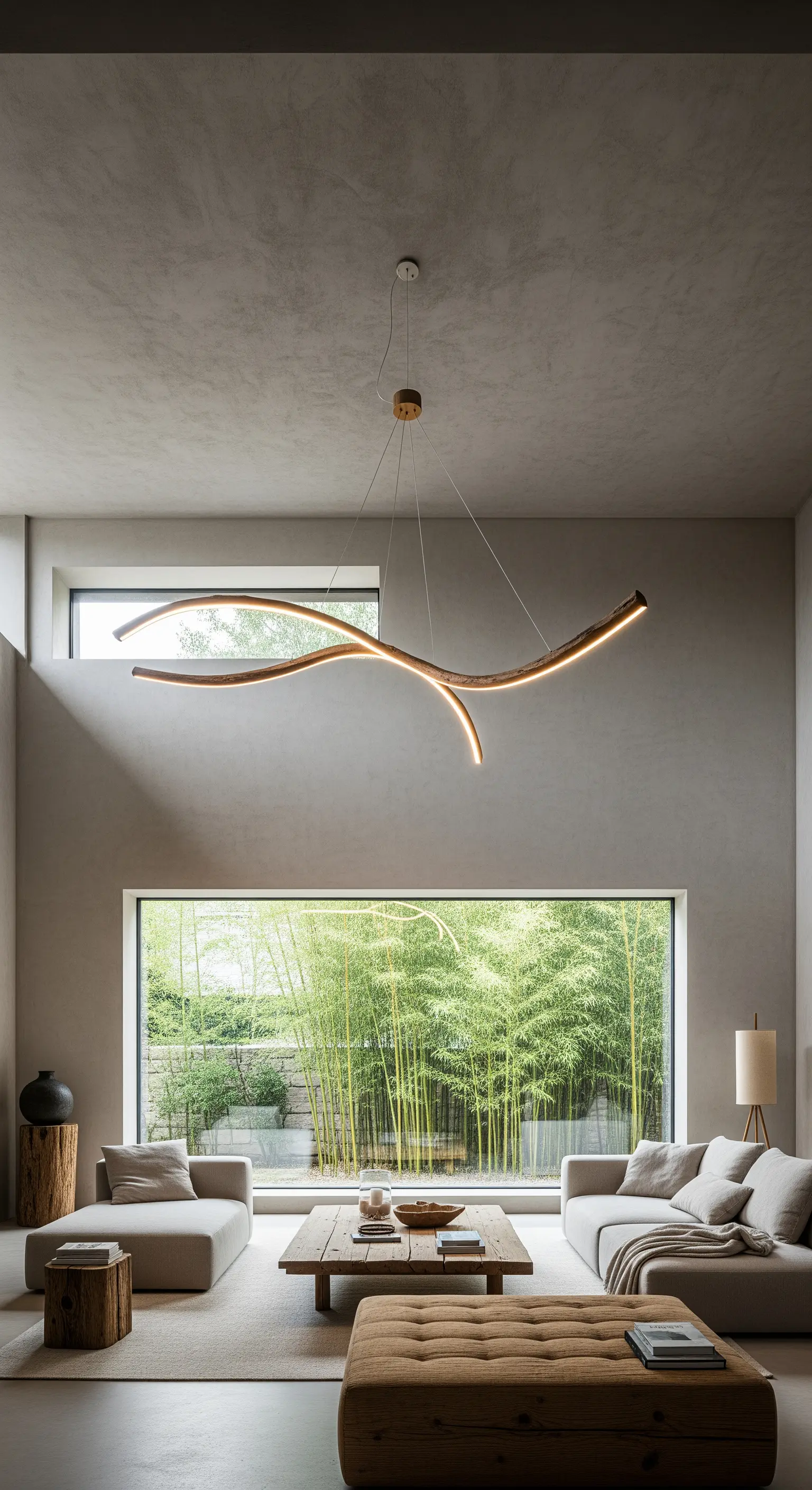 Soggiorno minimalista con pareti in cemento e una lampada a sospensione in legno curvato a LED.