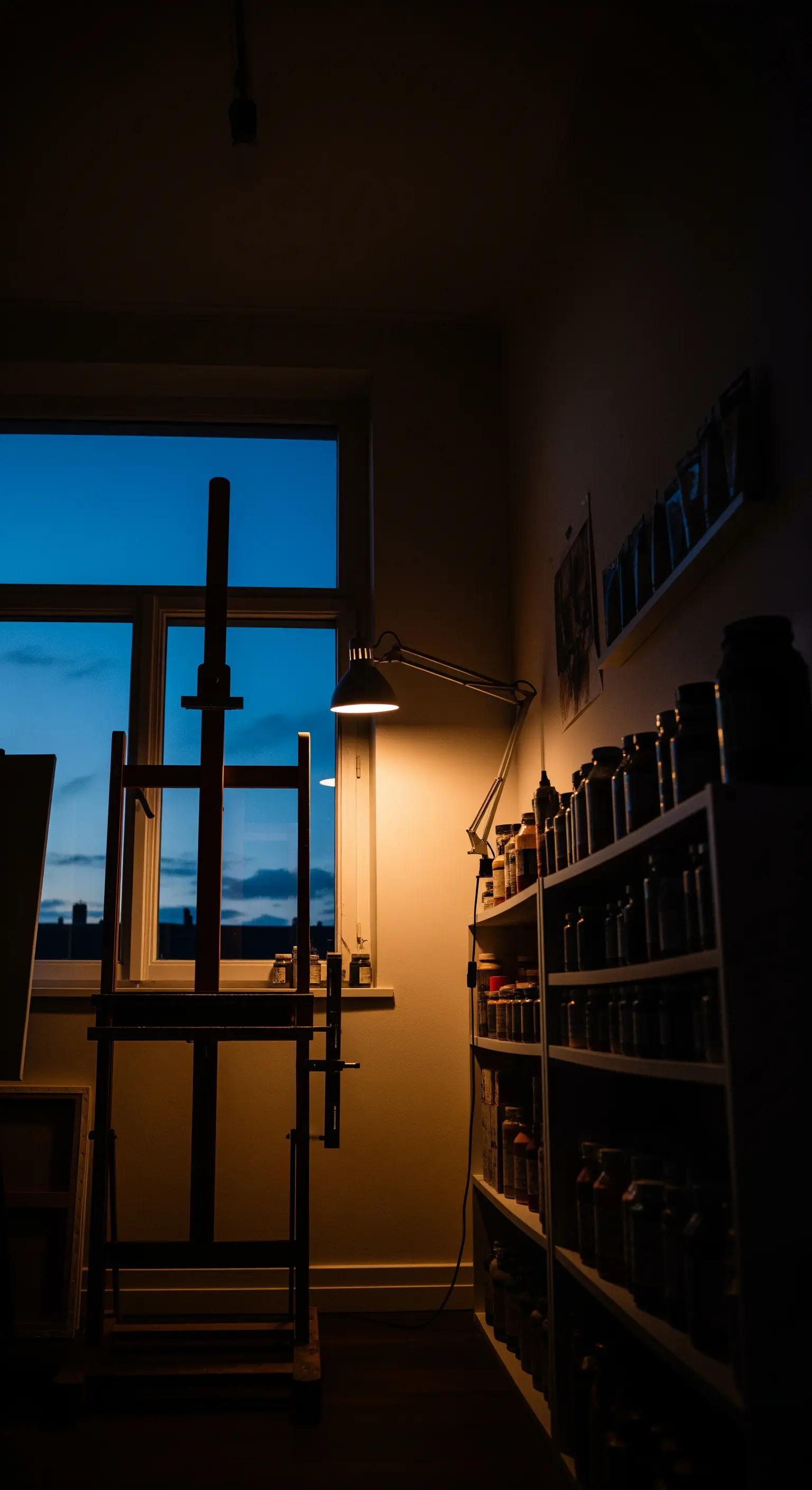Studio d'arte al crepuscolo, illuminato solo da una lampada da tavolo puntata sul cavalletto.