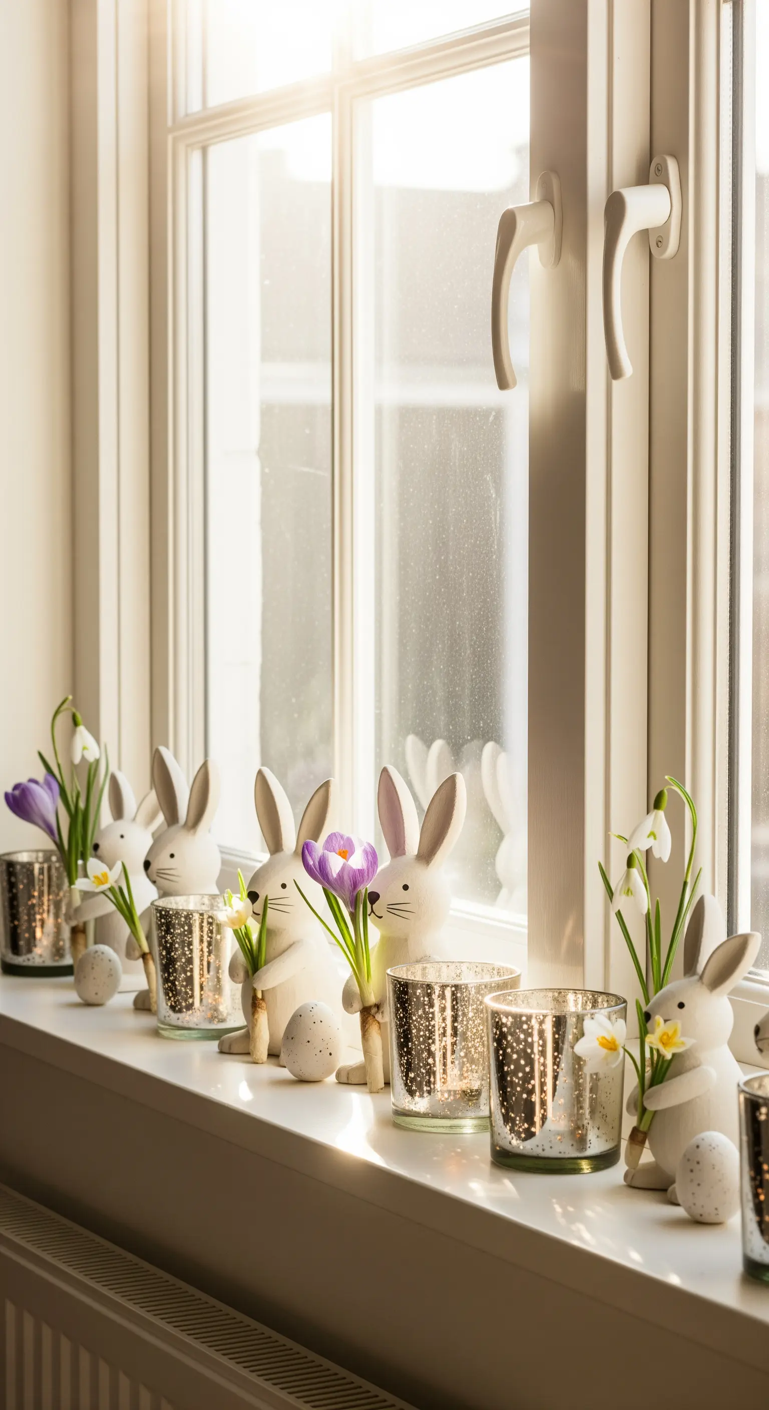Davanzale decorato con coniglietti bianchi, fiori e portacandele per Pasqua.