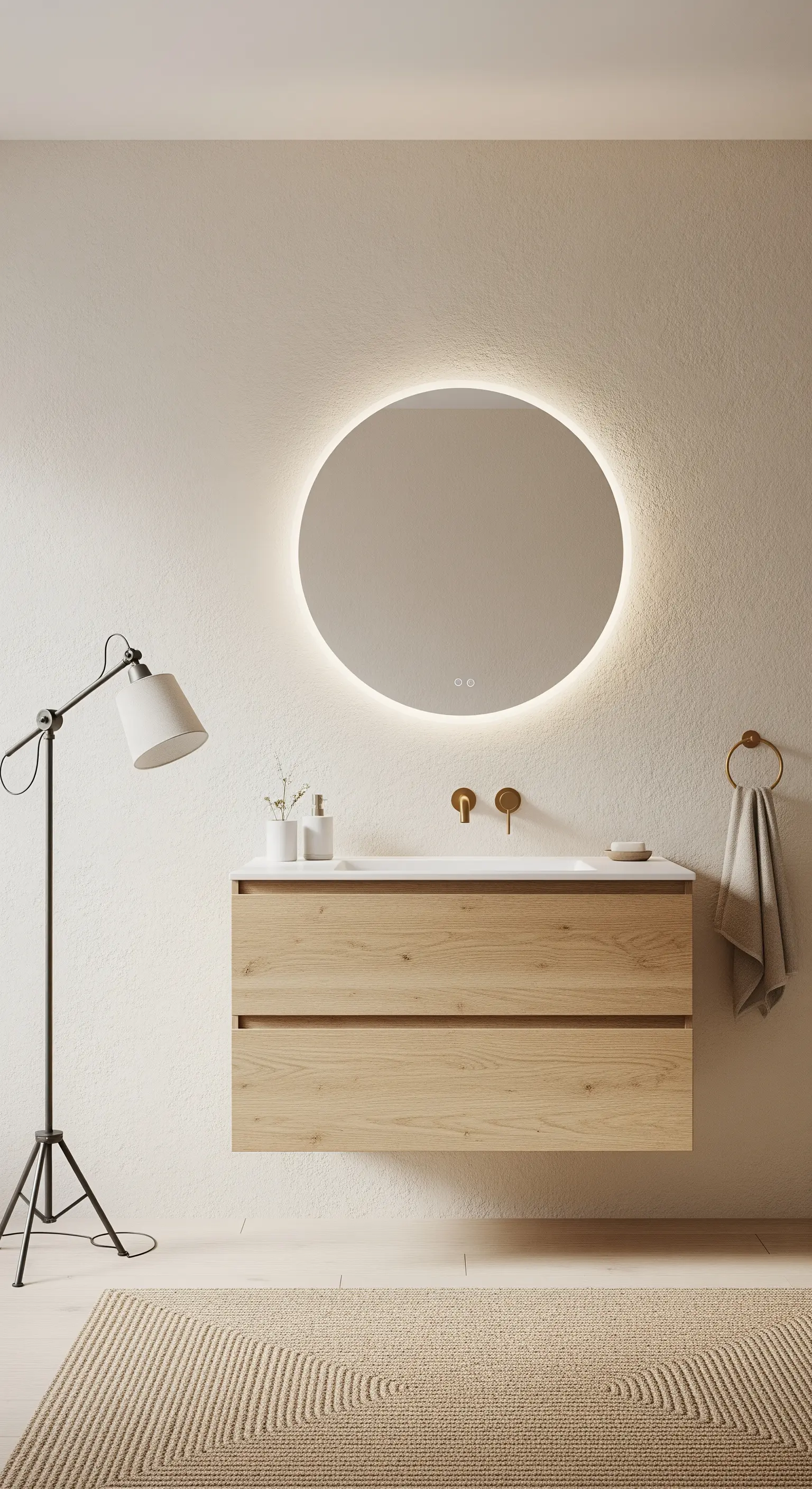 Specchio rotondo retroilluminato sopra un lavabo con mobile in legno sospeso e rubinetteria dorata.