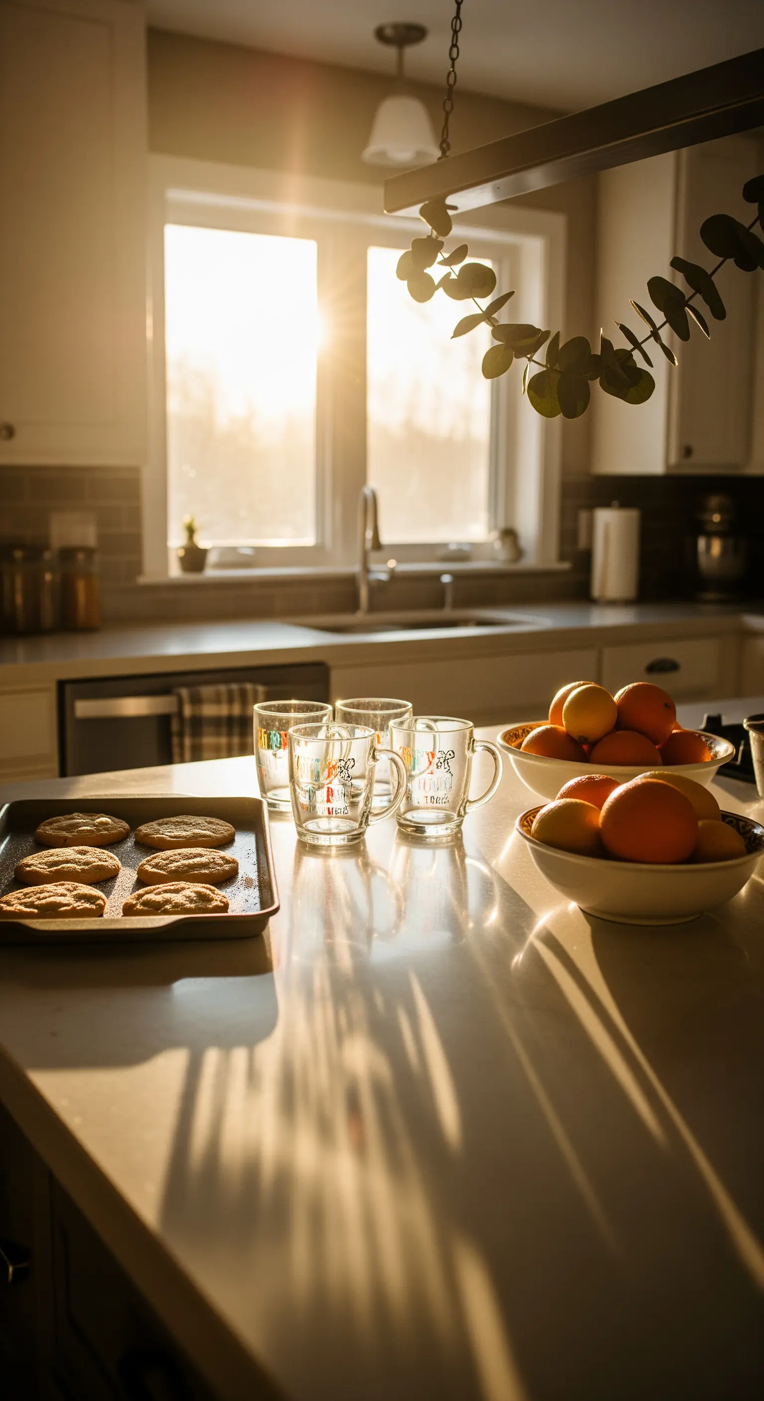 Piano di lavoro di una cucina illuminato dalla luce dorata del tramonto, con biscotti e una ciotola di arance.