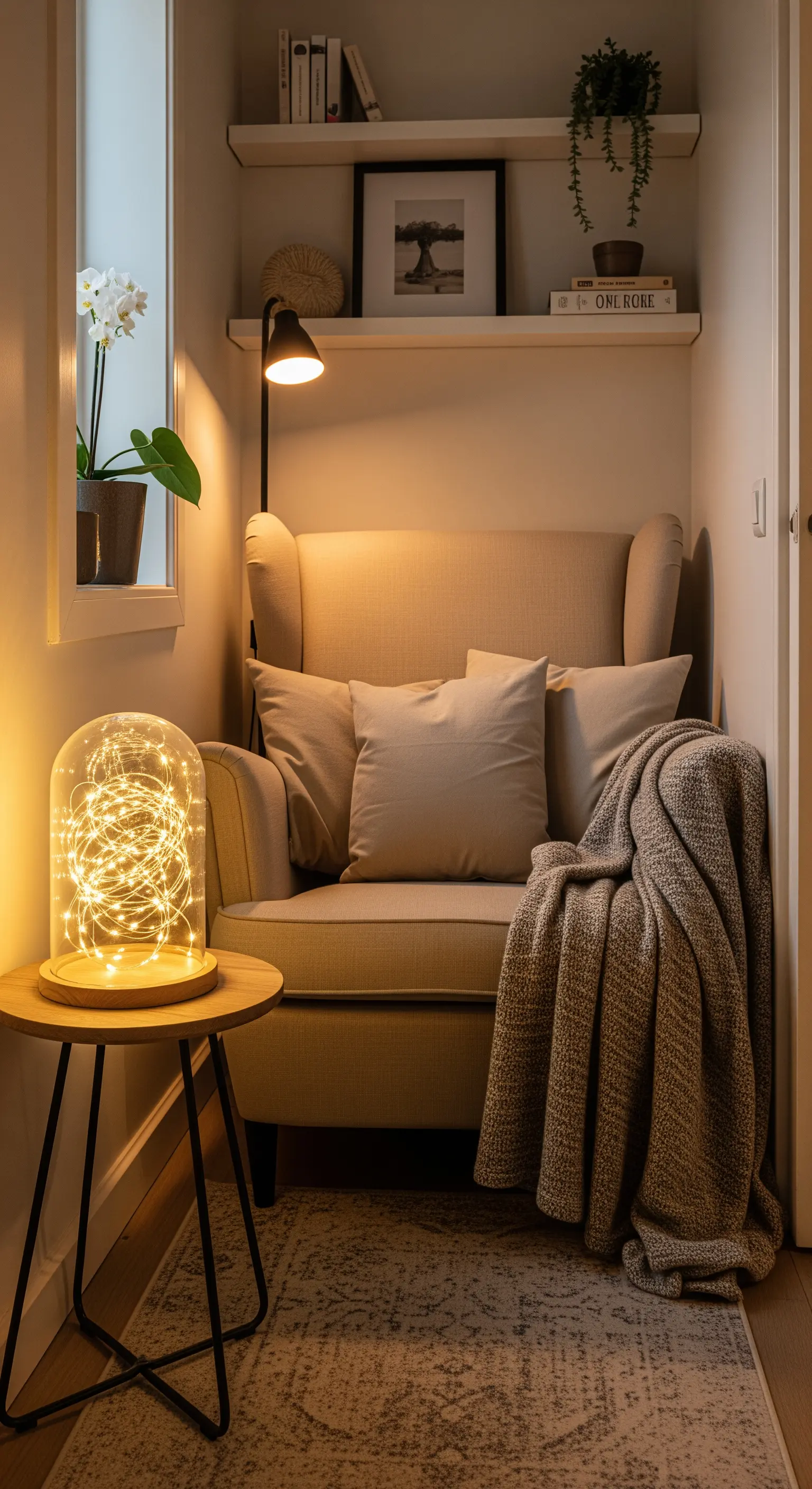 Angolo lettura con poltrona e una campana di vetro piena di lucine su un tavolino.