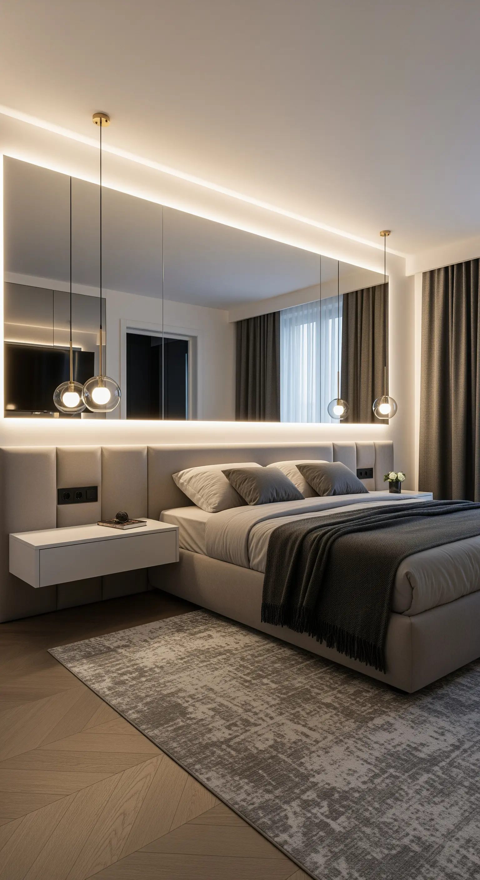 Parete a specchio retroilluminata dietro un letto con testiera imbottita e comodini sospesi.