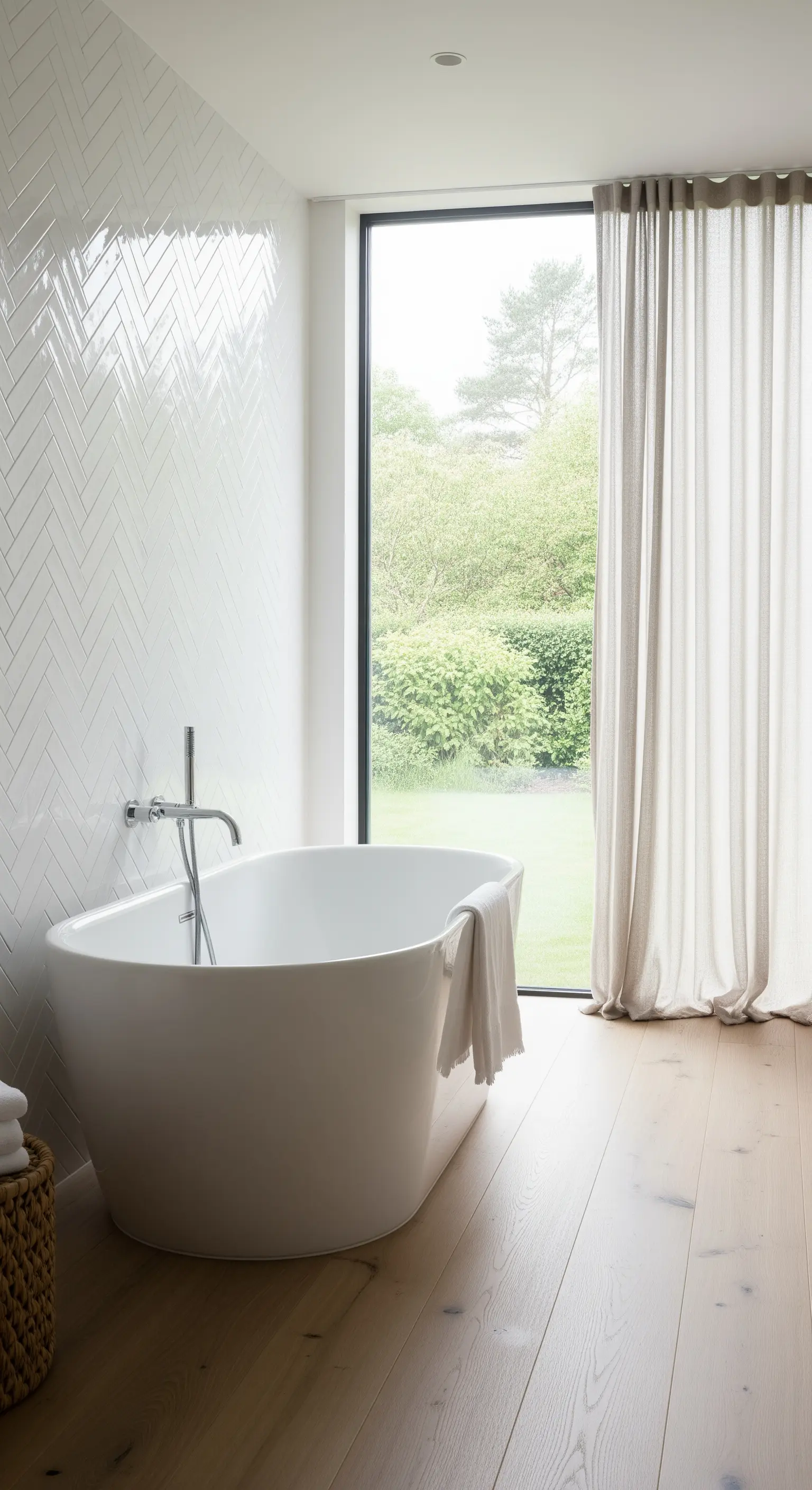Vasca da bagno bianca di fronte a una grande finestra con tende in lino.