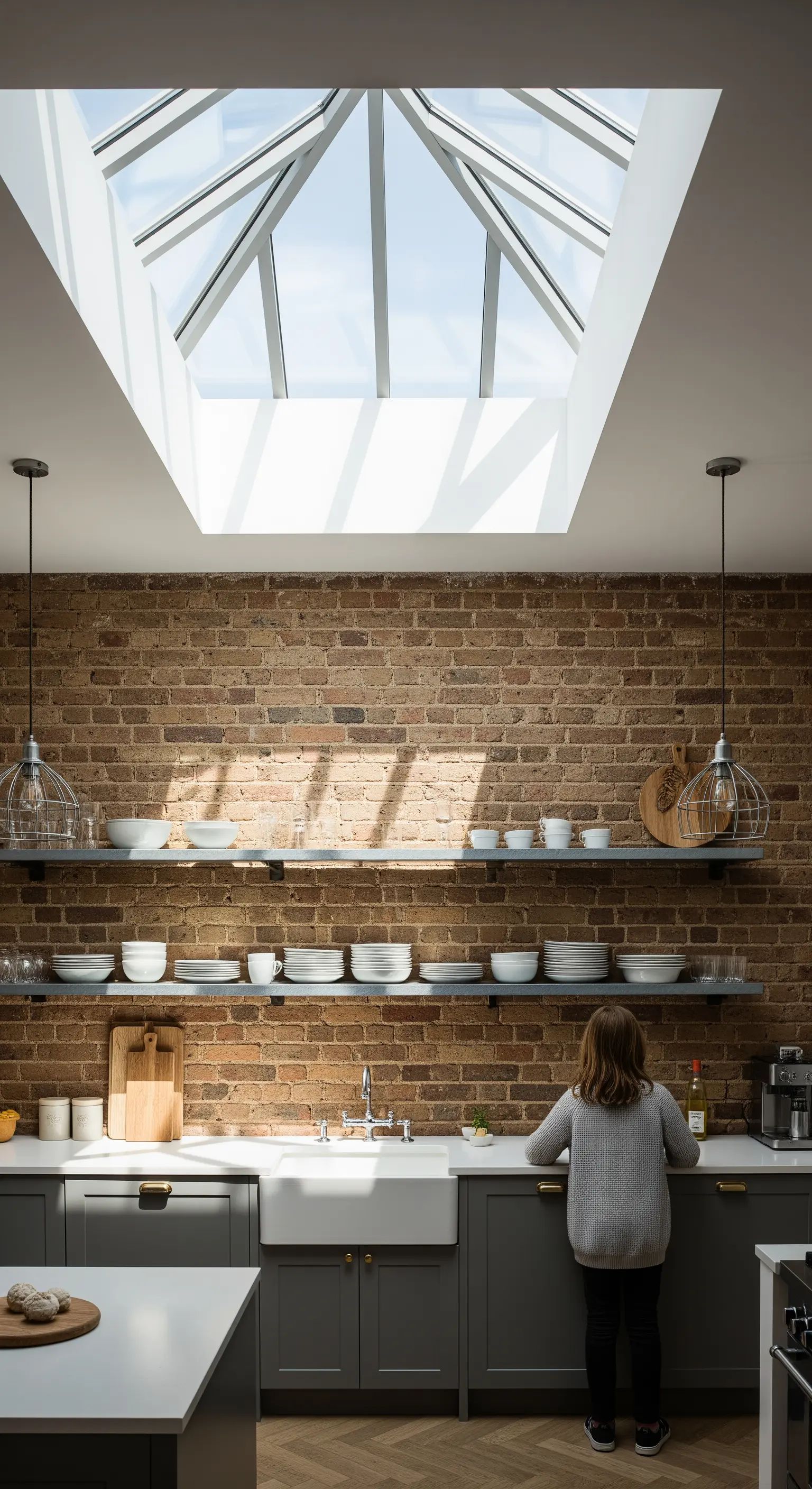 Cucina con parete in mattoni illuminata da un grande lucernario.