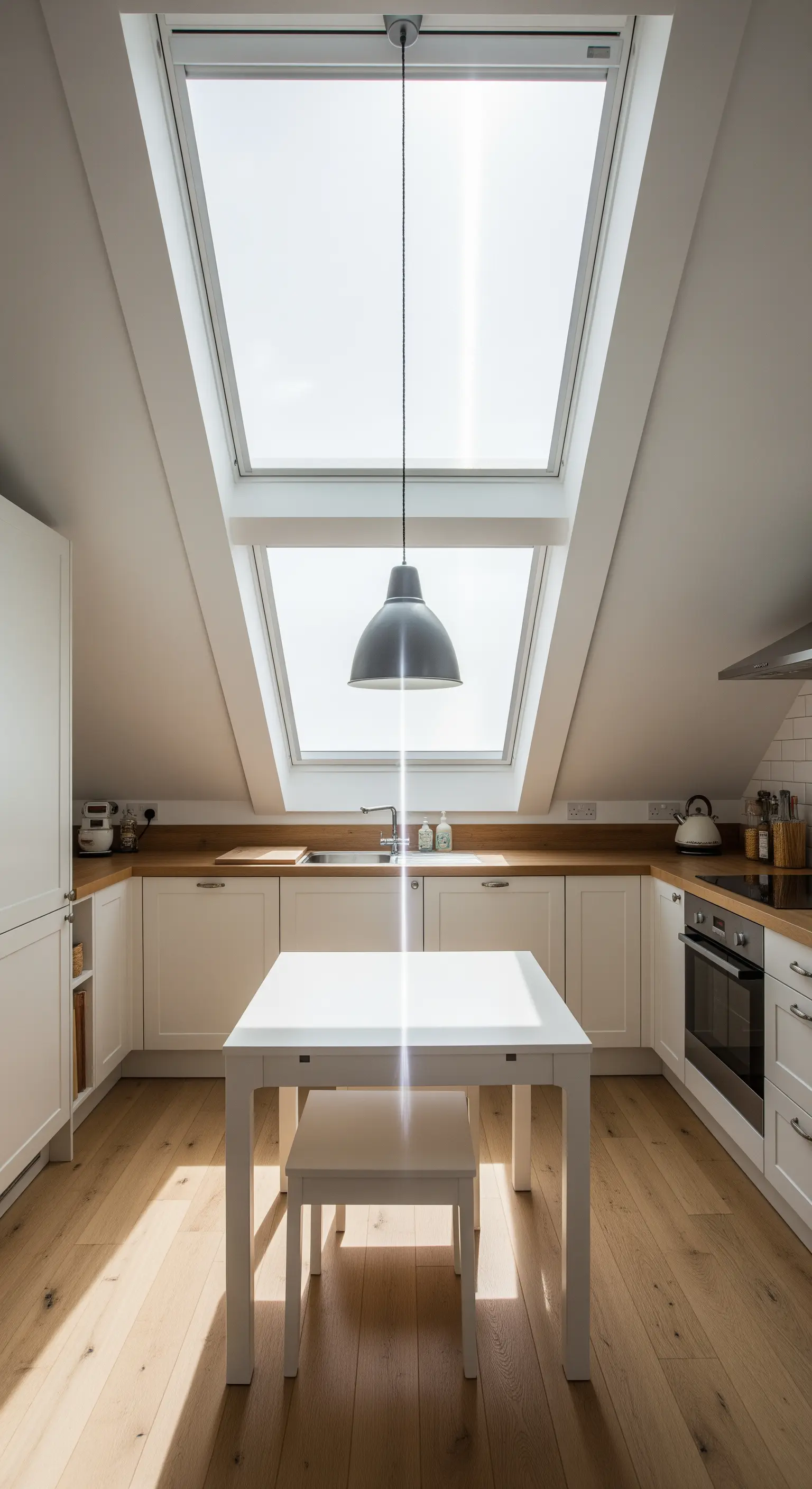 Cucina in mansarda con due grandi lucernari sopra un tavolo da pranzo bianco.