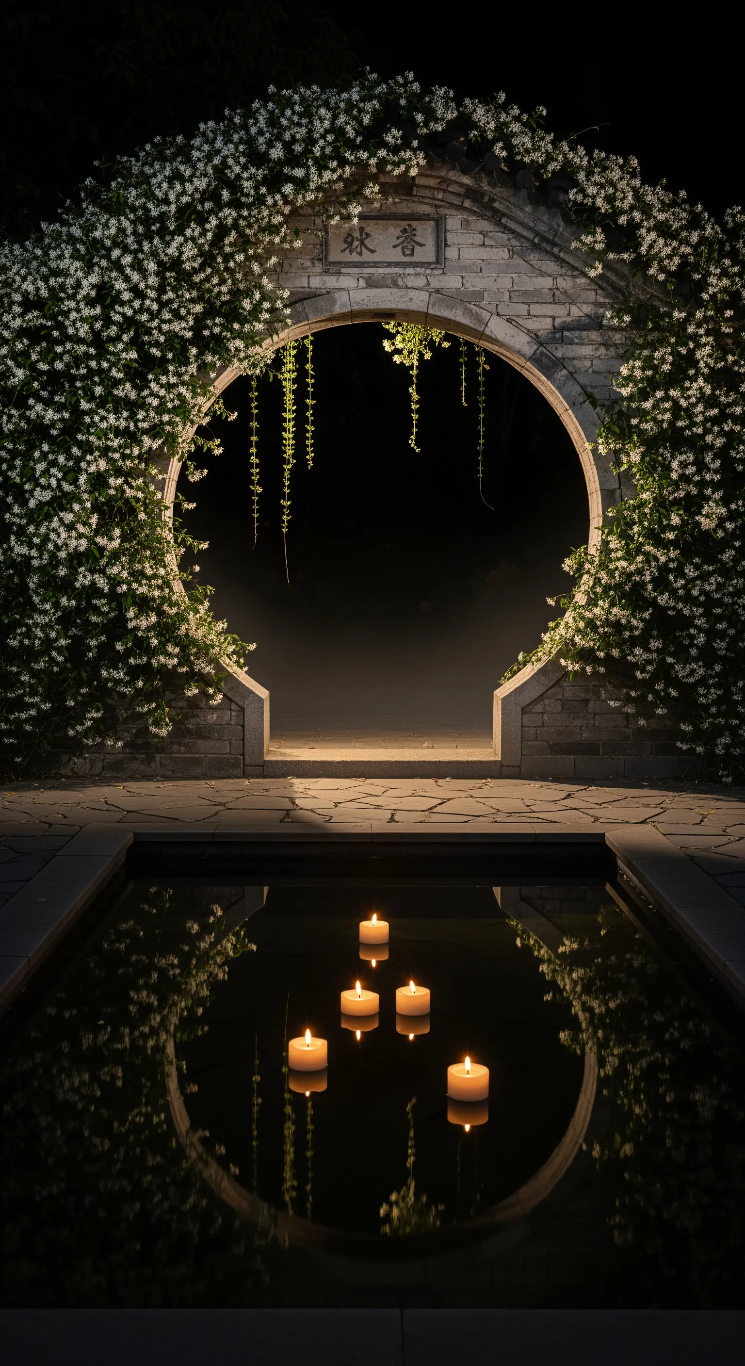Portale circolare in pietra affacciato su uno specchio d'acqua con candele galleggianti, in un giardino notturno.