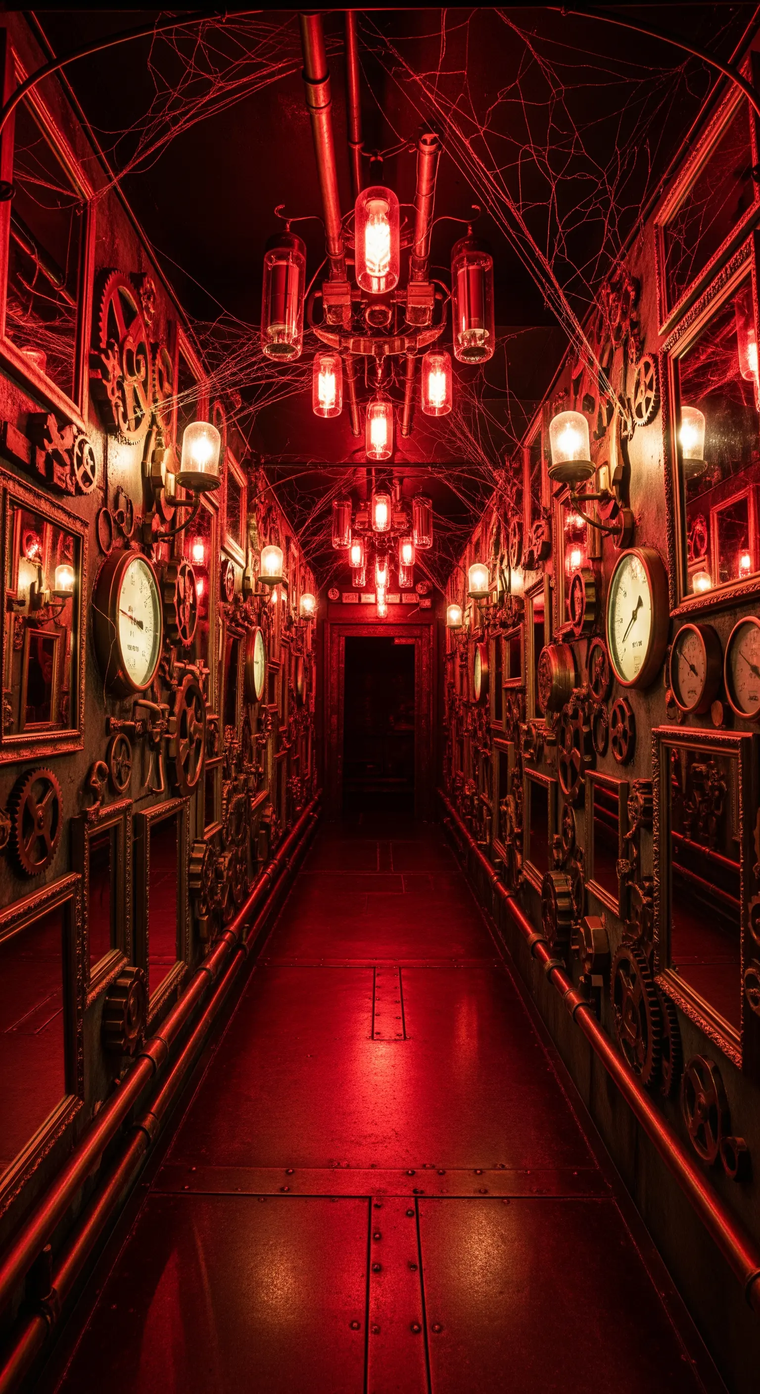 Corridoio a tema steampunk con ingranaggi, orologi e luci rosse.