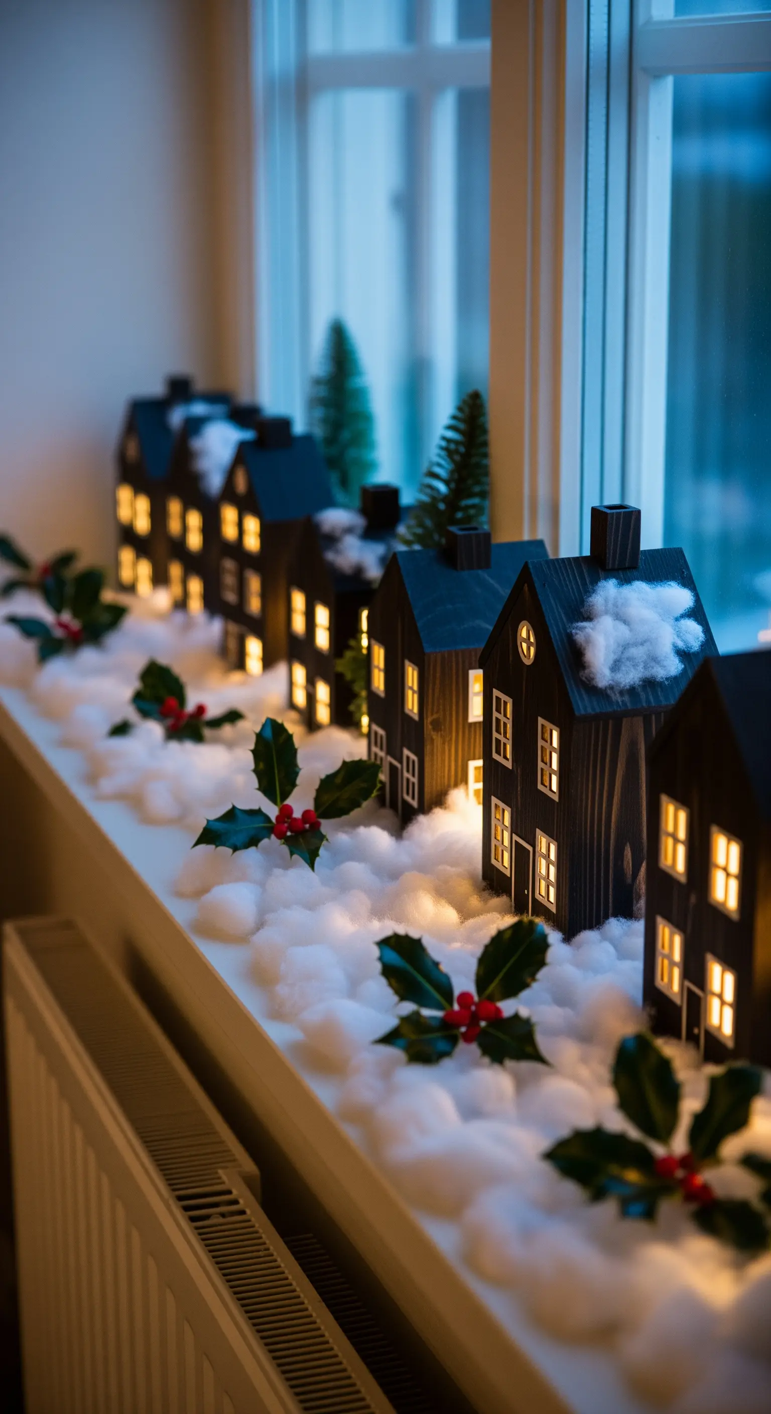 Davanzale con casette di legno scuro, neve finta e rametti di agrifoglio.