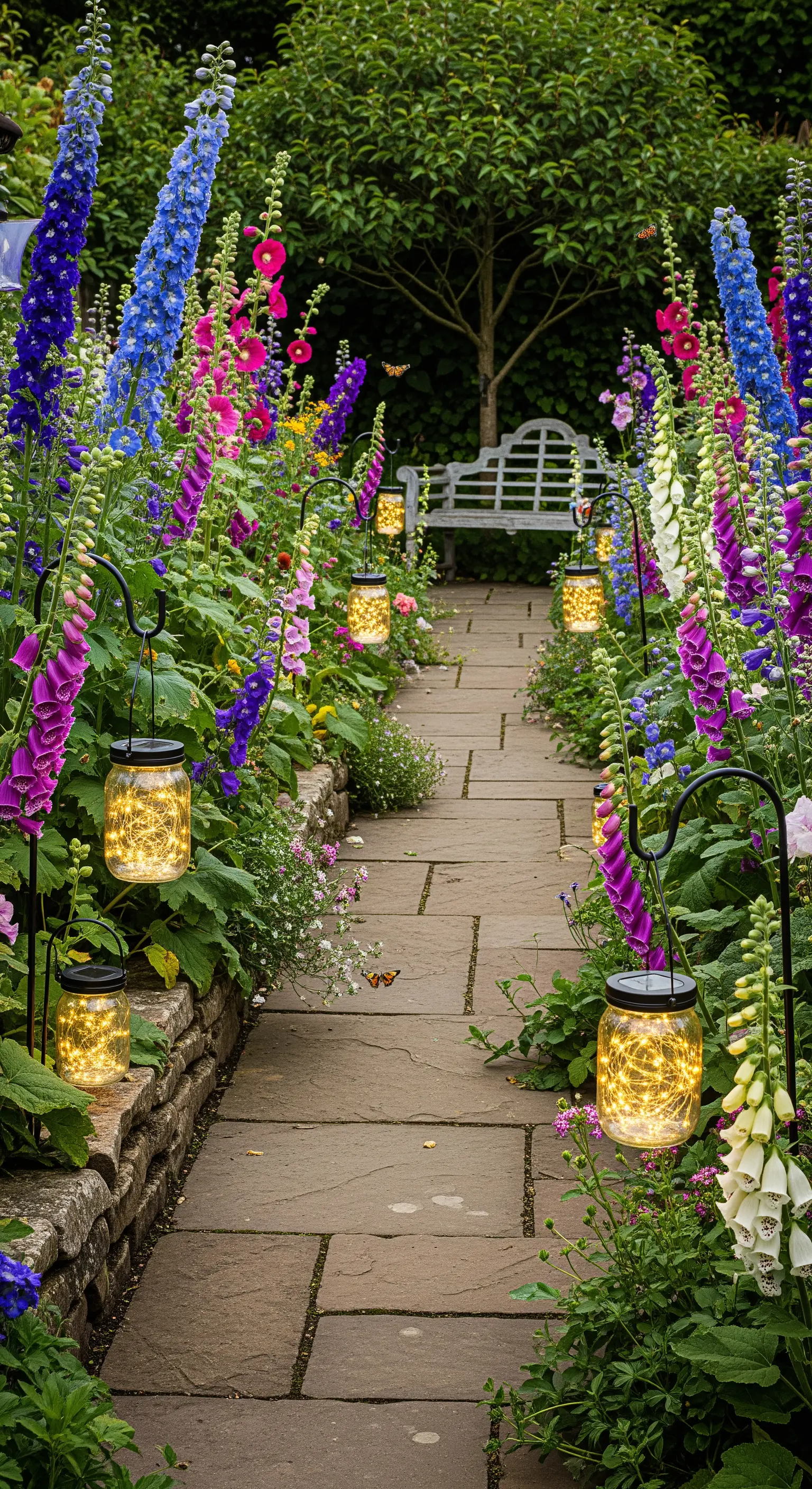 Sentiero in un giardino fiorito, fiancheggiato da barattoli di vetro con lucine all'interno appesi a ganci neri.