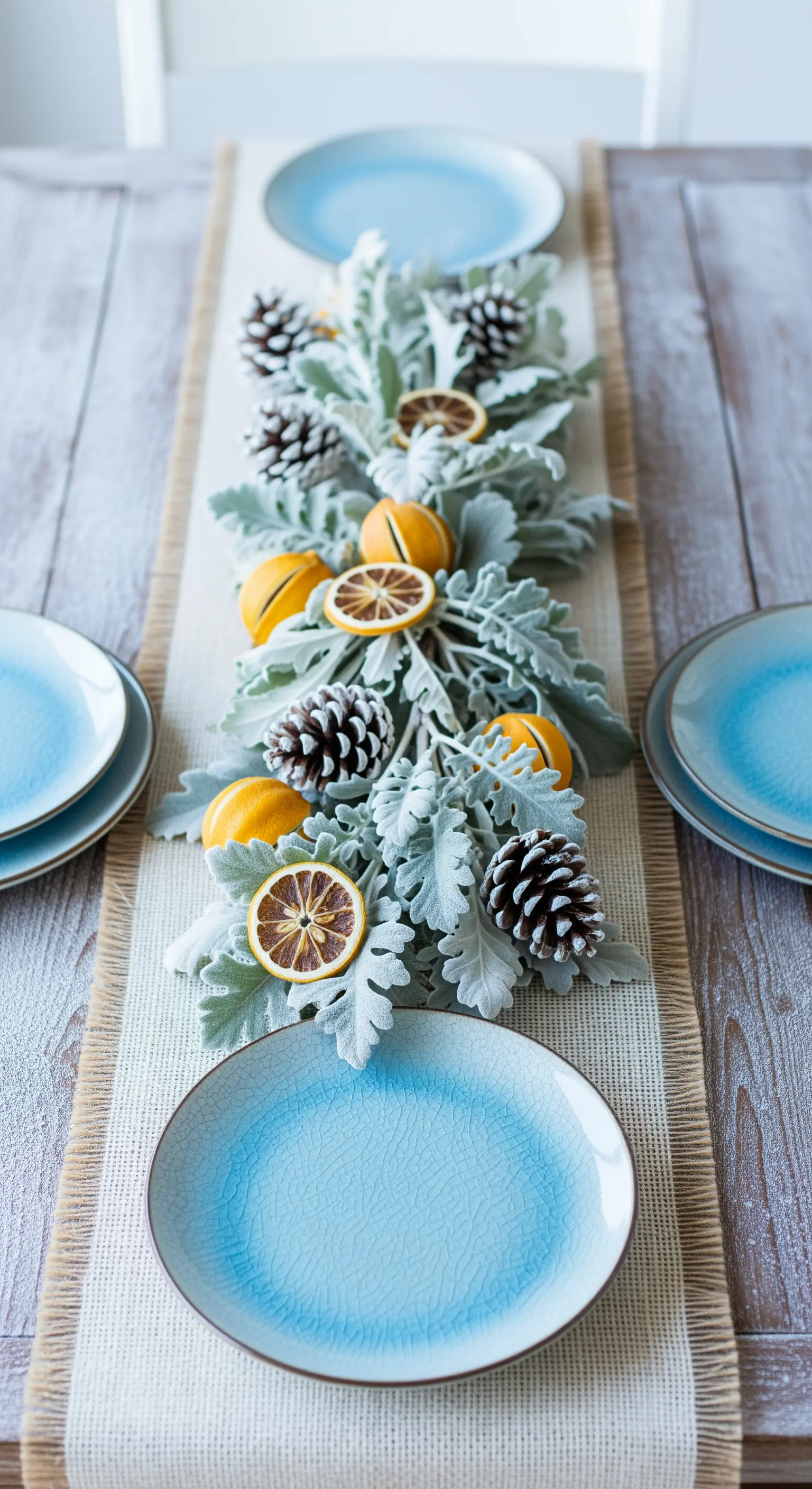 Centrotavola invernale con foglie argentate, pigne innevate e agrumi su runner di lino