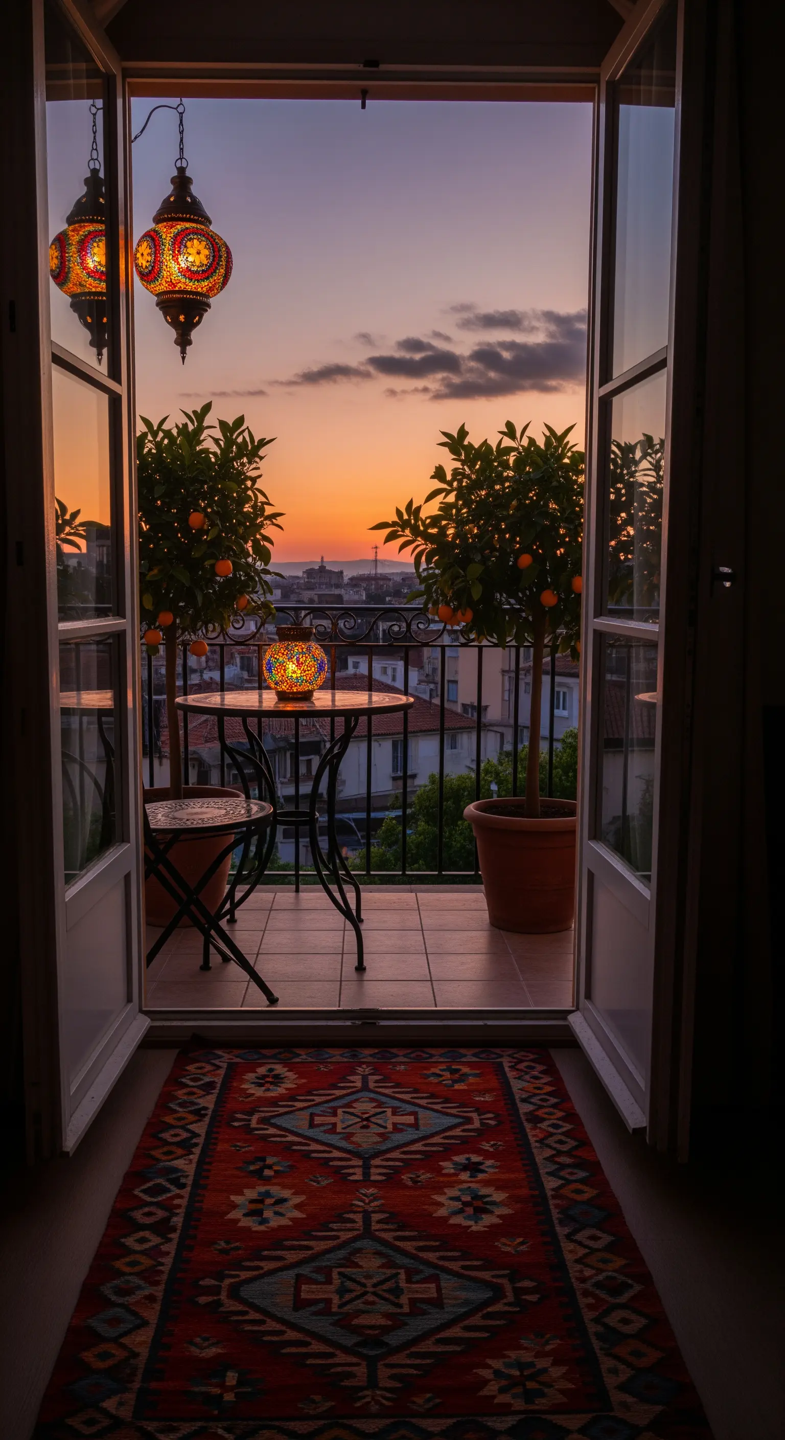Vista da una porta-finestra di un balcone al tramonto con lampade turche e un set da bistrot.
