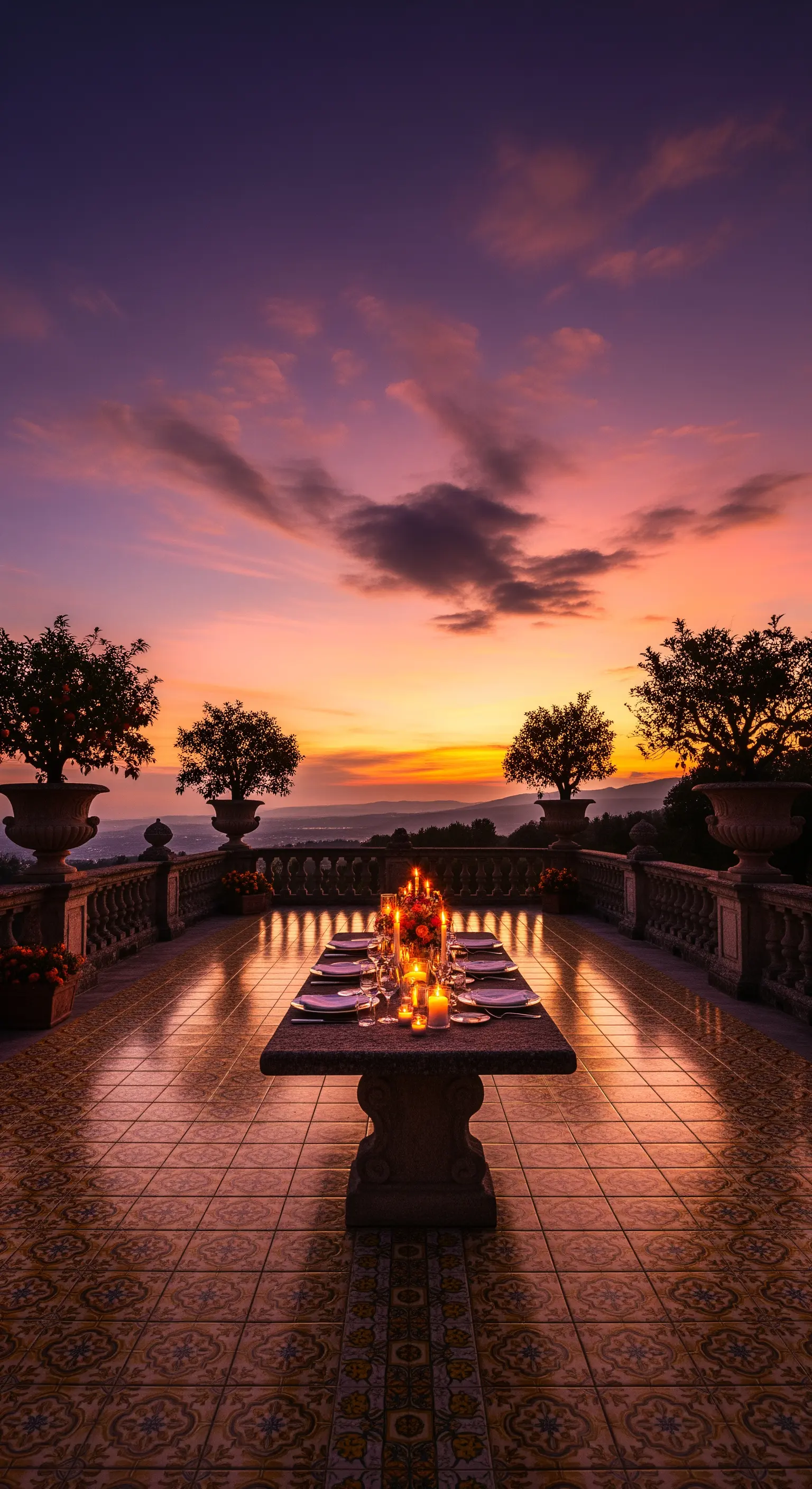 Tavolo da pranzo in pietra su una terrazza al tramonto, illuminato da numerose candele.