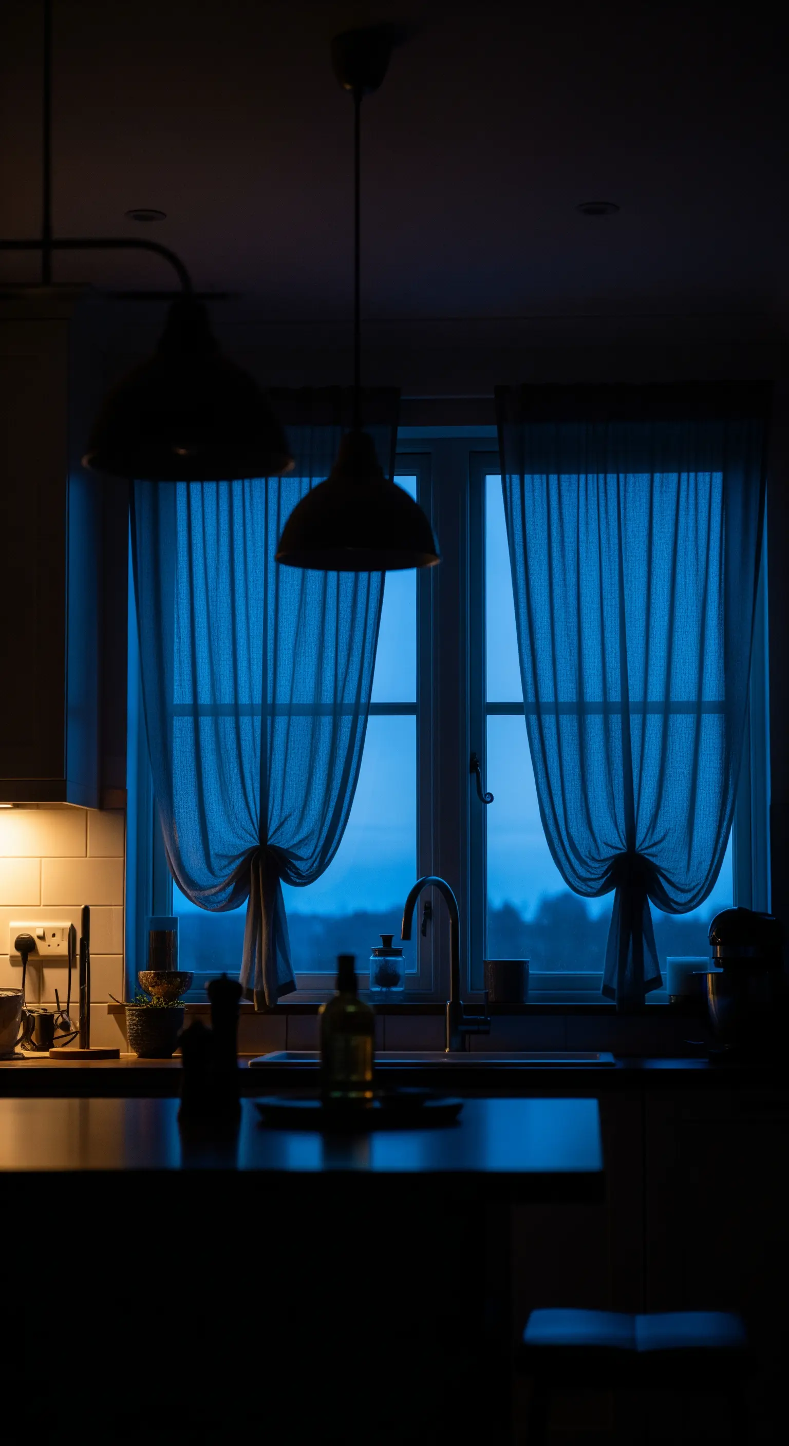 Finestra della cucina di sera, con tende azzurre legate e luce blu esterna.
