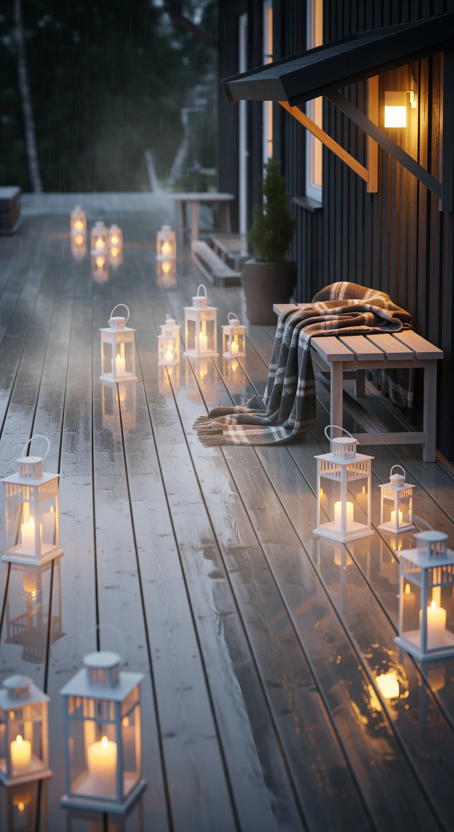 Patio in legno bagnato dalla pioggia, illuminato da decine di lanterne bianche con candele.