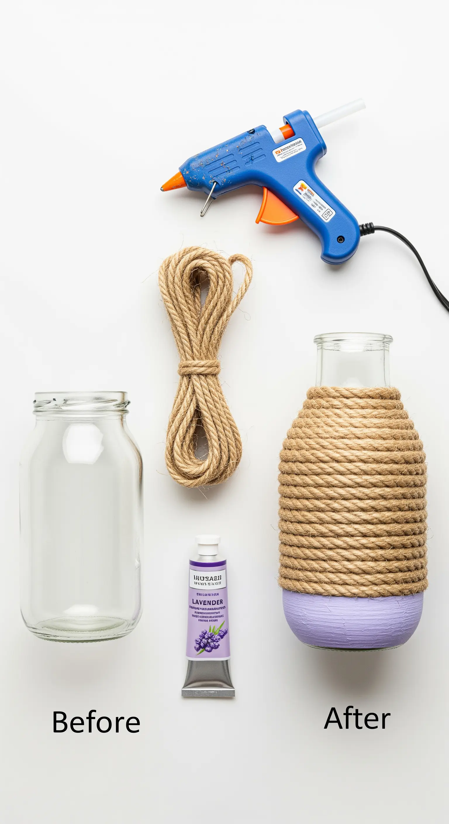 Immagine comparativa 'Before/After' di un barattolo di vetro trasformato in un vaso decorato.