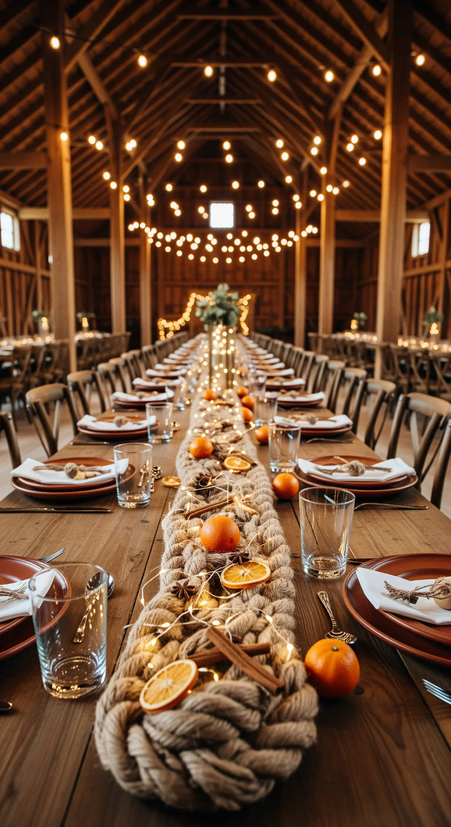 Lungo tavolo in un granaio con runner di corda spessa intrecciata con lucine e agrumi