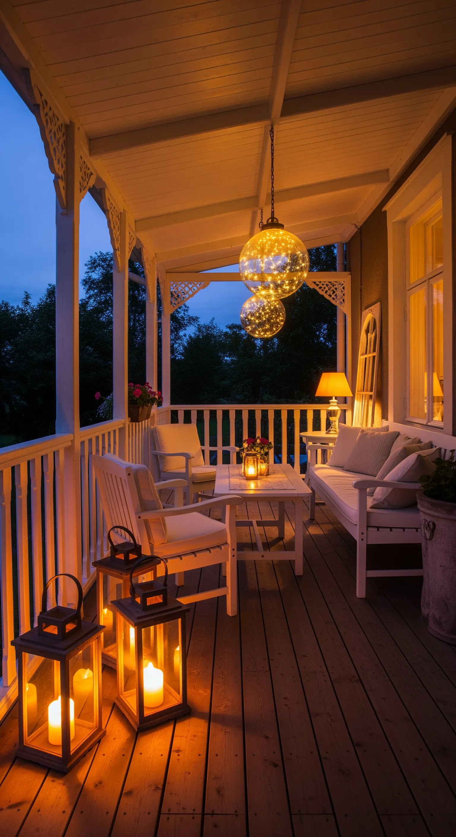 Veranda di sera illuminata da tante lanterne a terra e sfere luminose sospese.