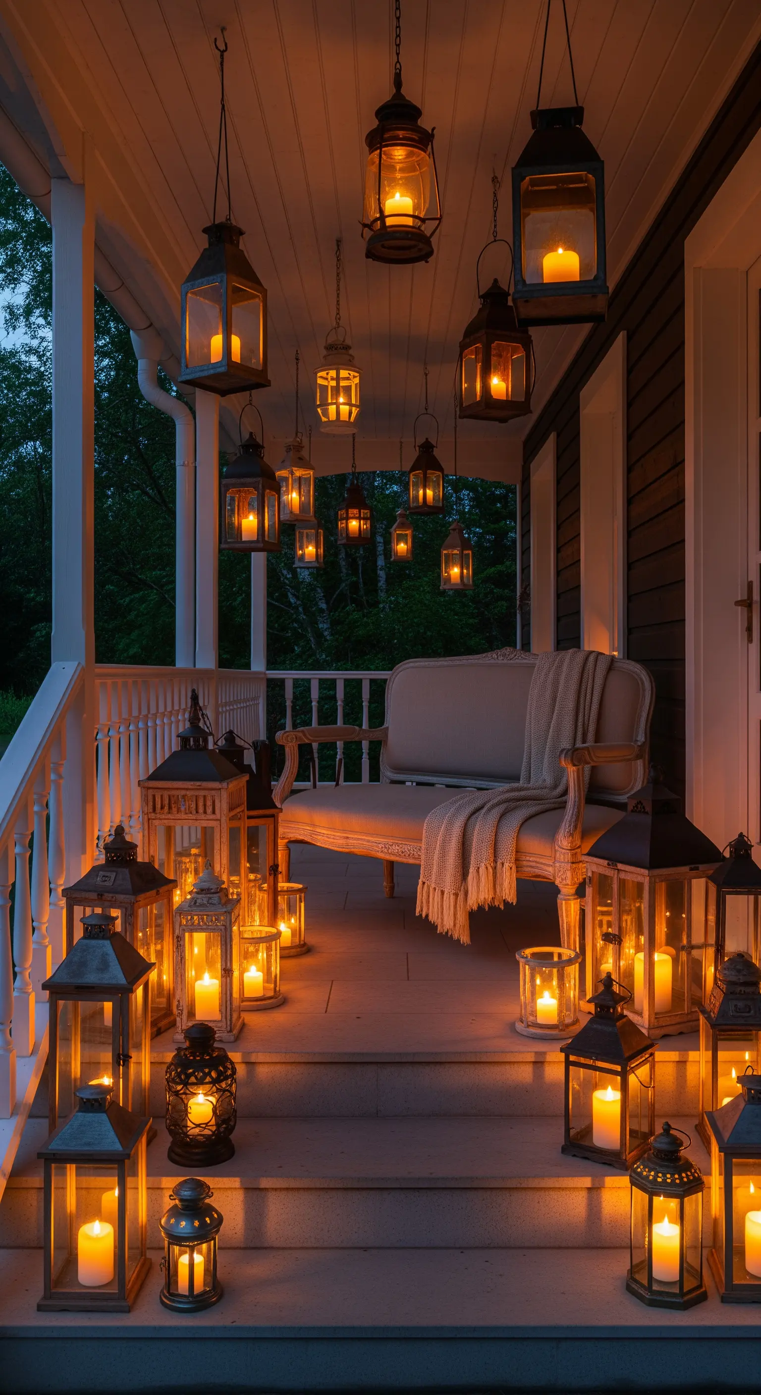 Portico illuminato di notte da decine di lanterne vintage appese e appoggiate a terra.