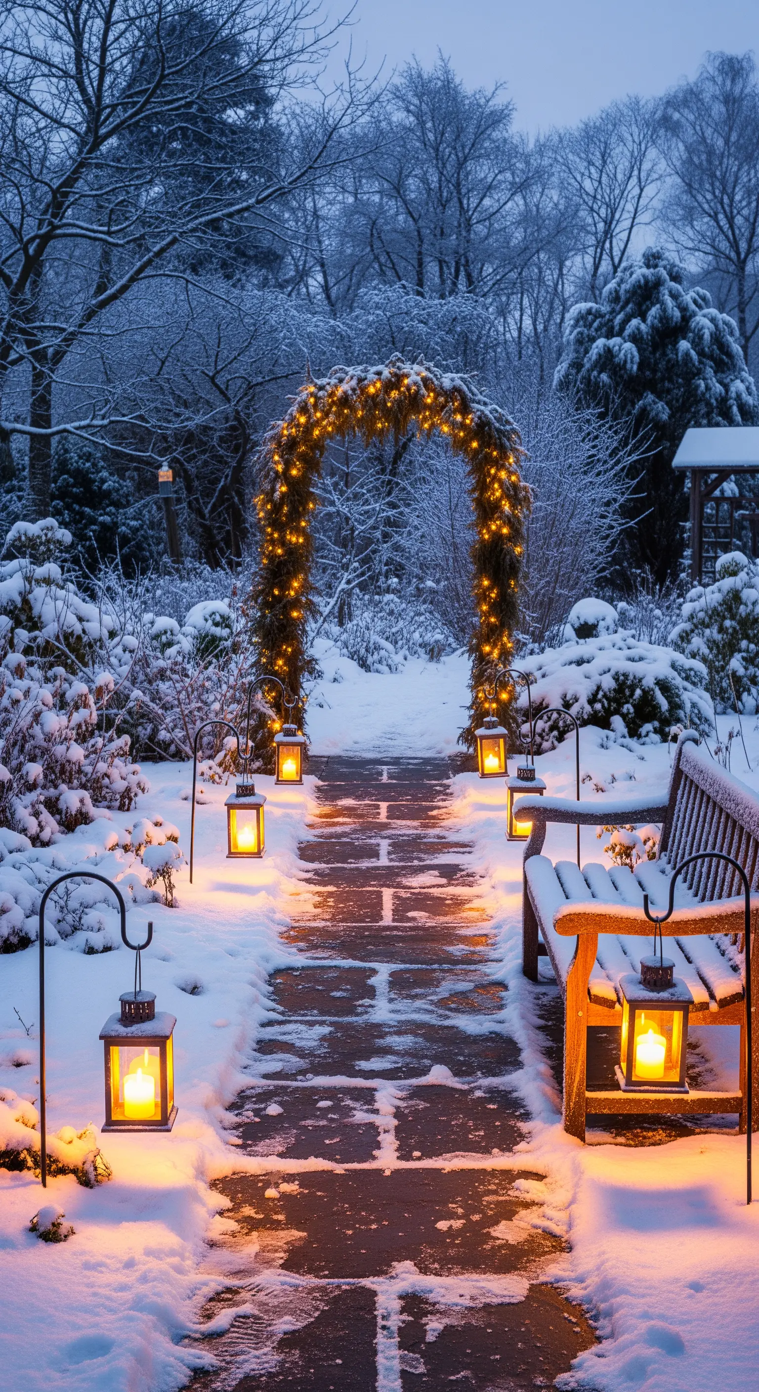 Sentiero innevato di notte, illuminato da un arco di lucine calde e da lanterne posate sulla neve