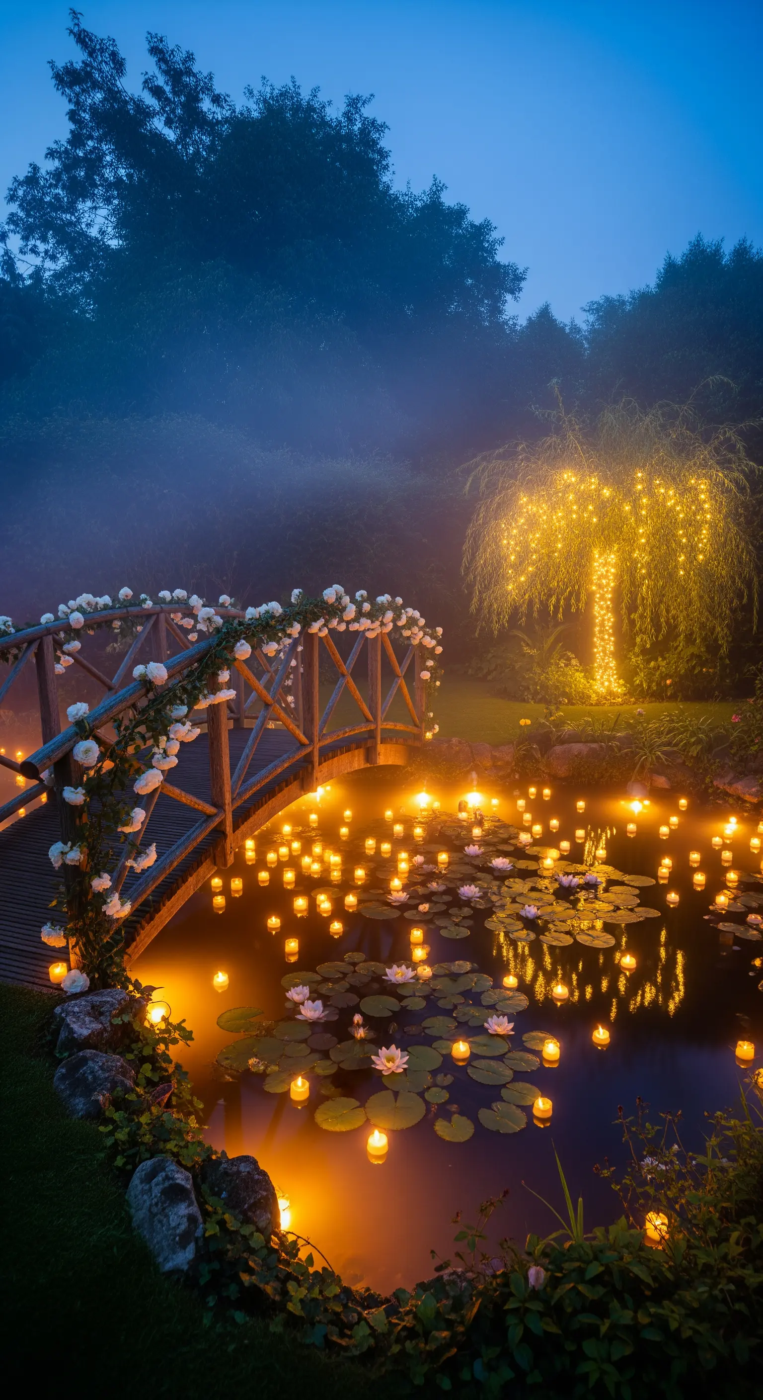 Ponticello in legno con rose bianche e candele galleggianti in un laghetto al crepuscolo.