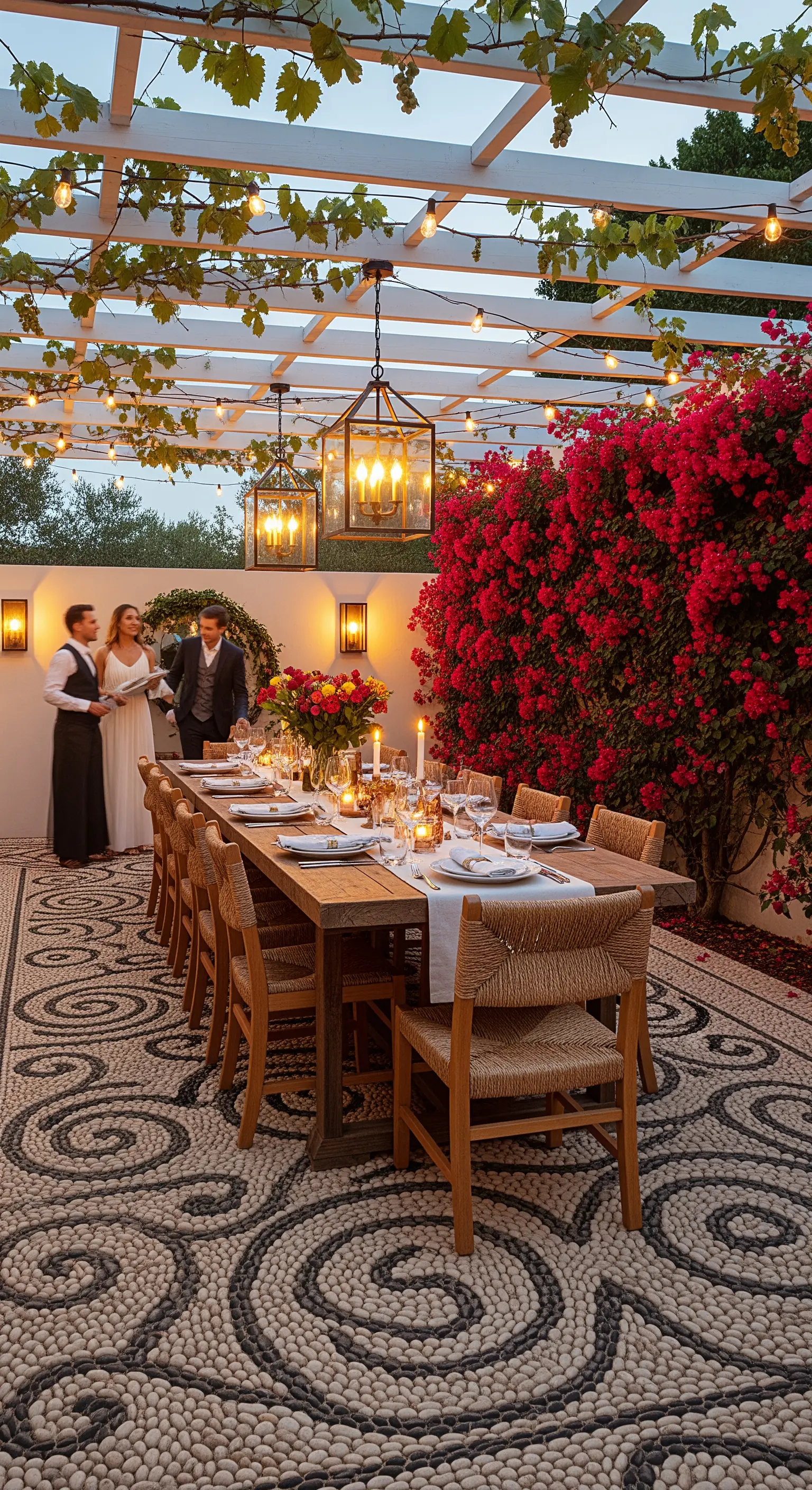 Tavola imbandita per una cena serale sotto un pergolato con luci e pavimento a mosaico di ciottoli.