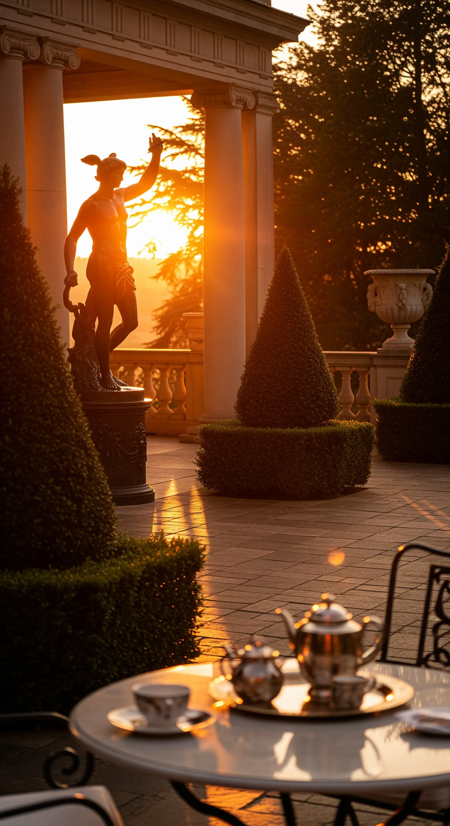 Patio al tramonto con la luce dorata che illumina una statua e un tavolo da tè.