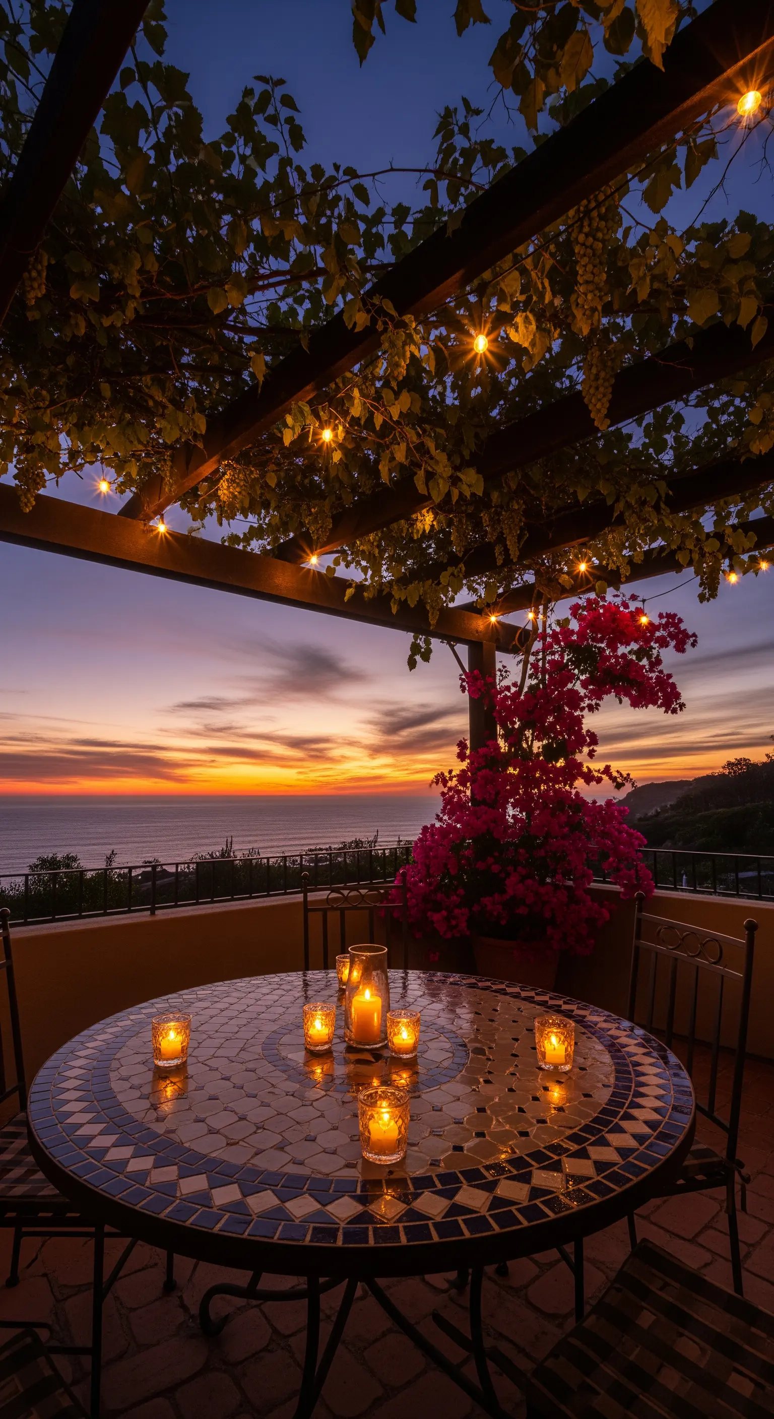 Tavolo in mosaico su una terrazza al tramonto, illuminato da candele e lucine tra le viti.