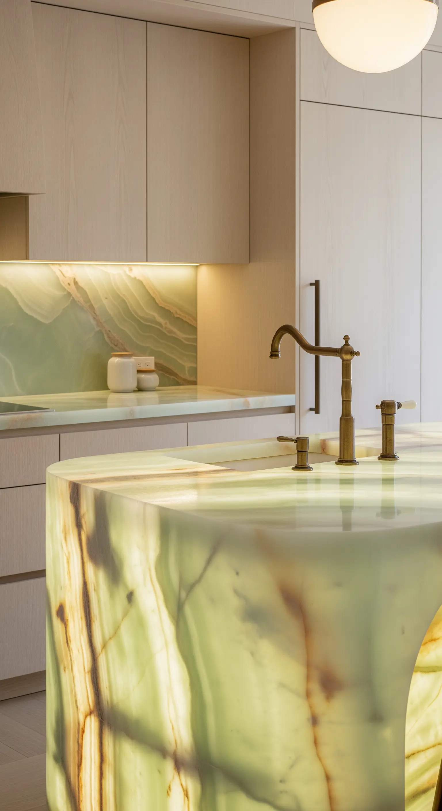 Isola curva in onice verde retroilluminata, che emana una luce calda e soffusa in una cucina moderna.