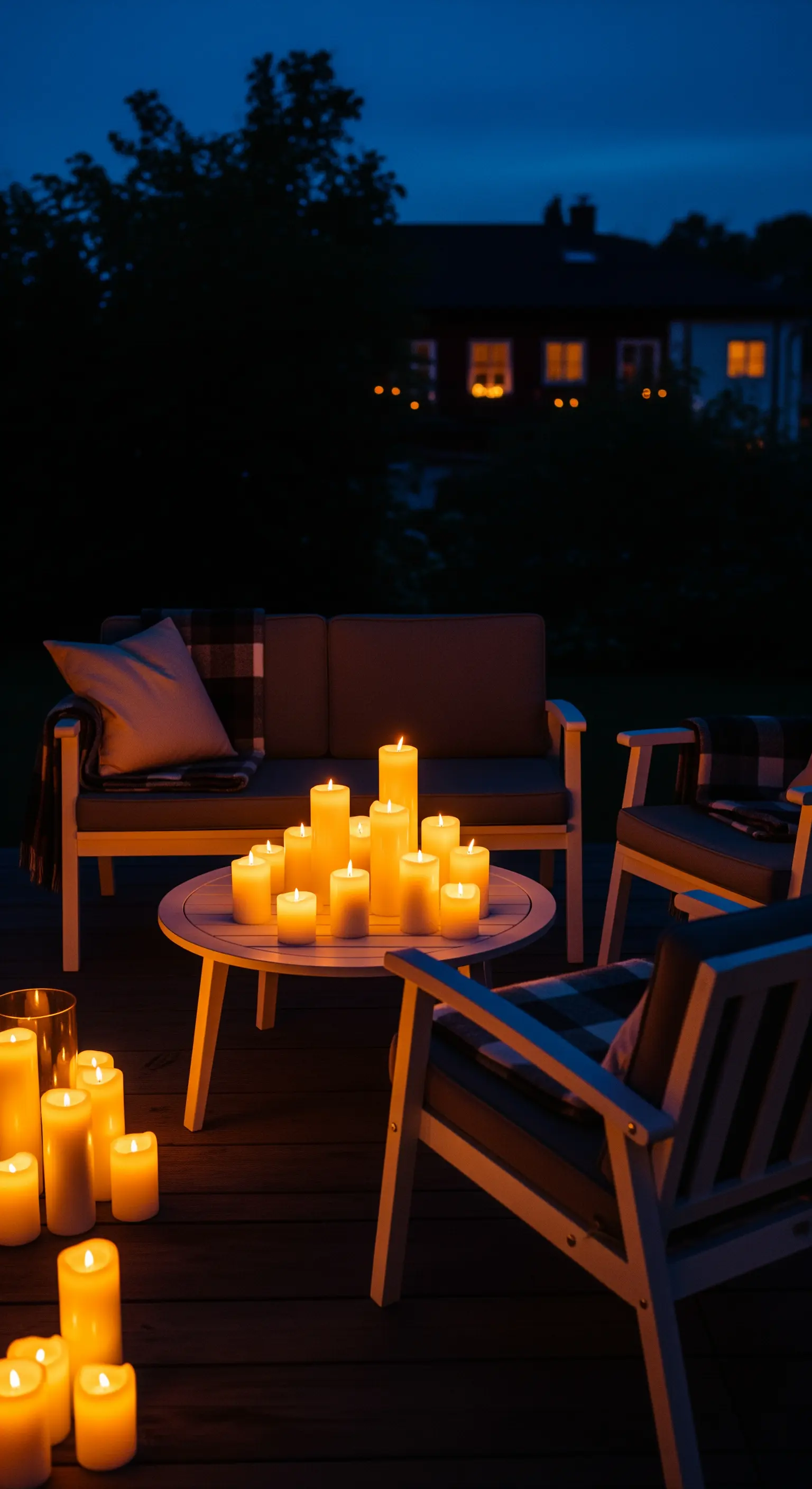 Patio di notte illuminato da un grande gruppo di candele a LED di varie dimensioni.
