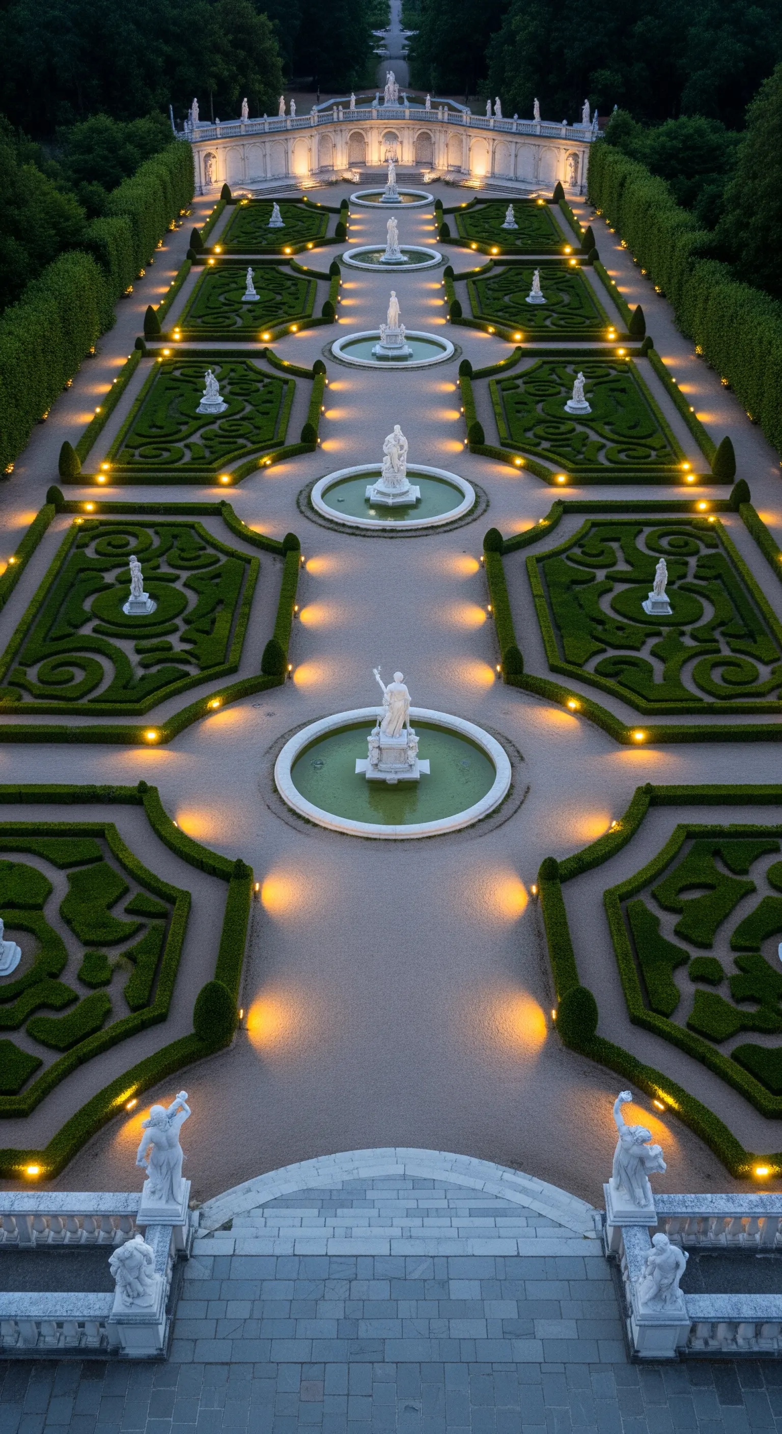Giardino formale illuminato di notte con faretti che evidenziano statue, fontane e siepi geometriche
