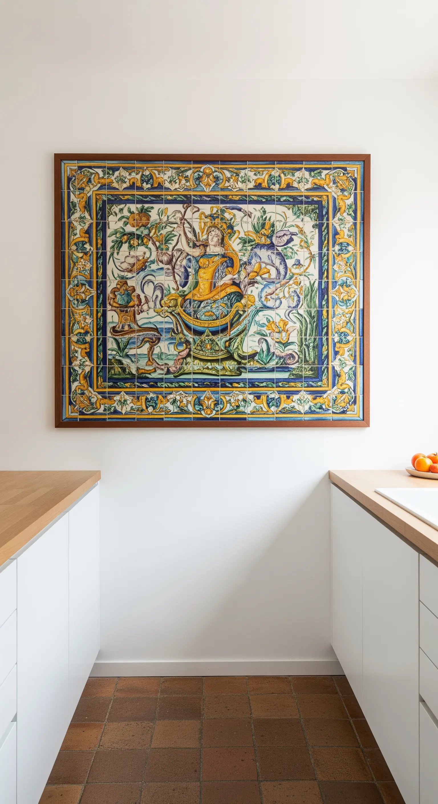 Pannello decorativo in maiolica incorniciato e appeso come un quadro in una cucina minimal.