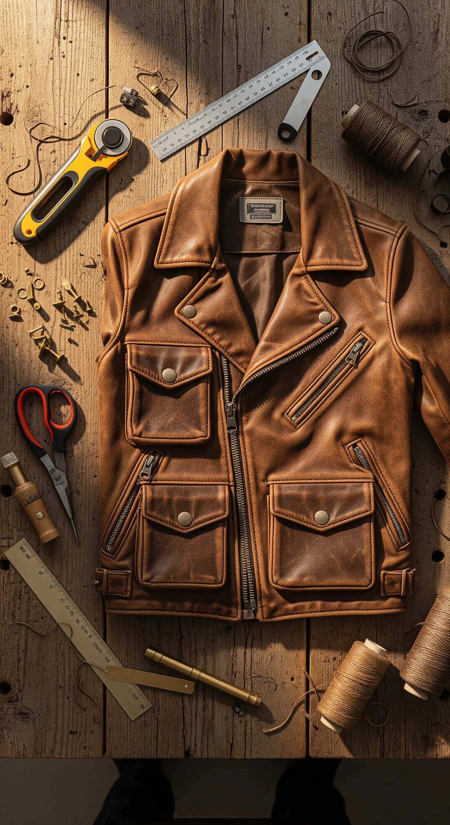 Giacca di pelle marrone su un tavolo da lavoro con attrezzi da taglio e cucito.