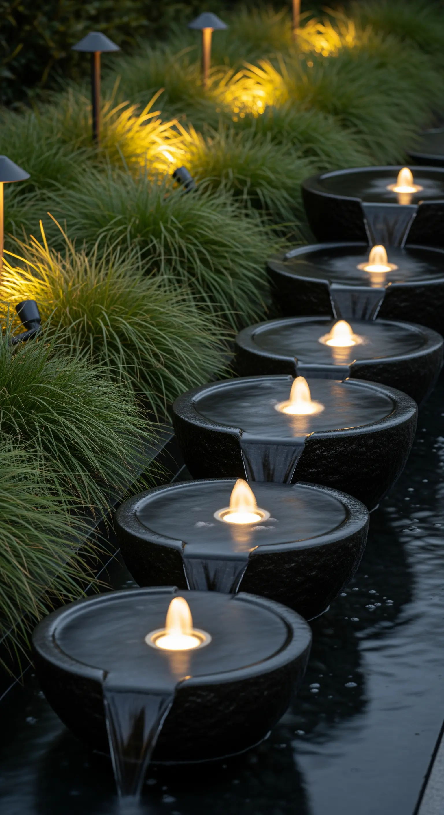 Fontana a cascata con piccole luci subacquee che illuminano l'acqua che sgorga da ogni livello.