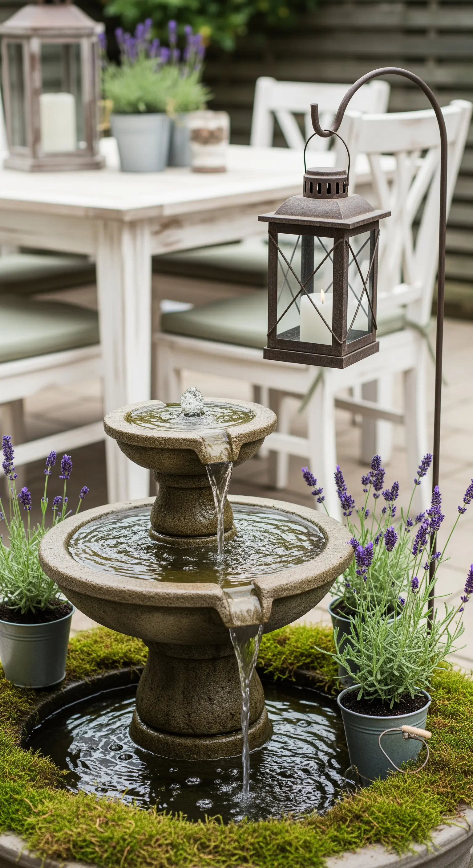Piccola fontana a più livelli circondata da muschio, lavanda e una lanterna sospesa.