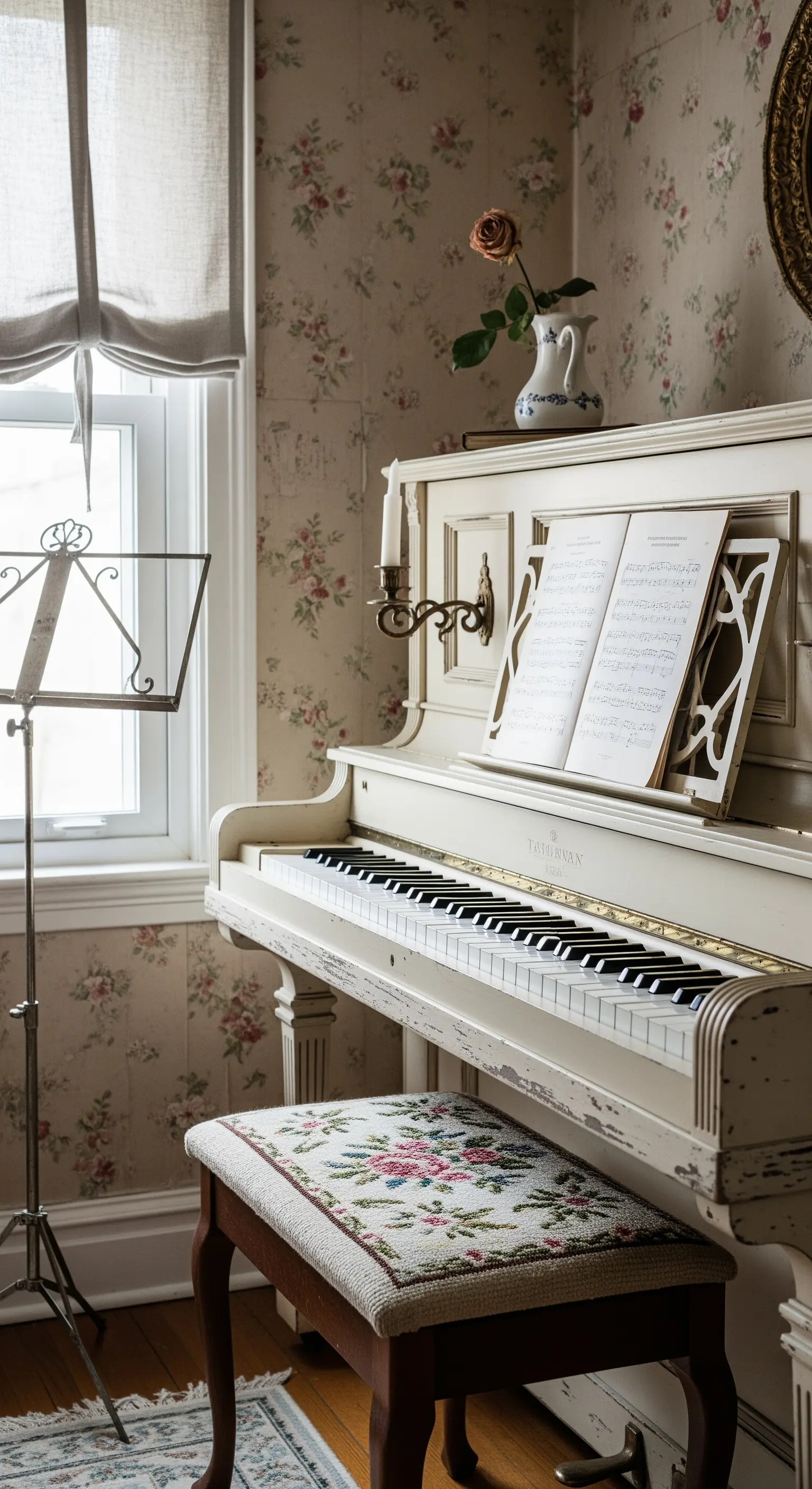 Pianoforte bianco decapé con carta da parati floreale in un angolo musicale.