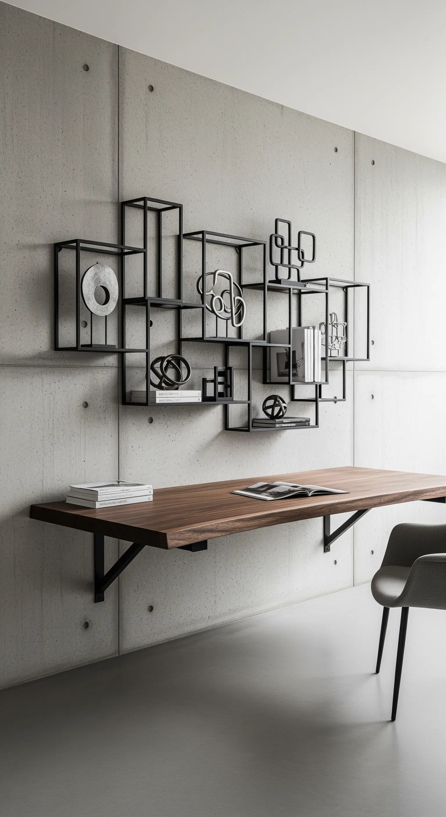 Mensola scultorea in metallo nero su una parete di cemento a vista, sopra una scrivania sospesa.