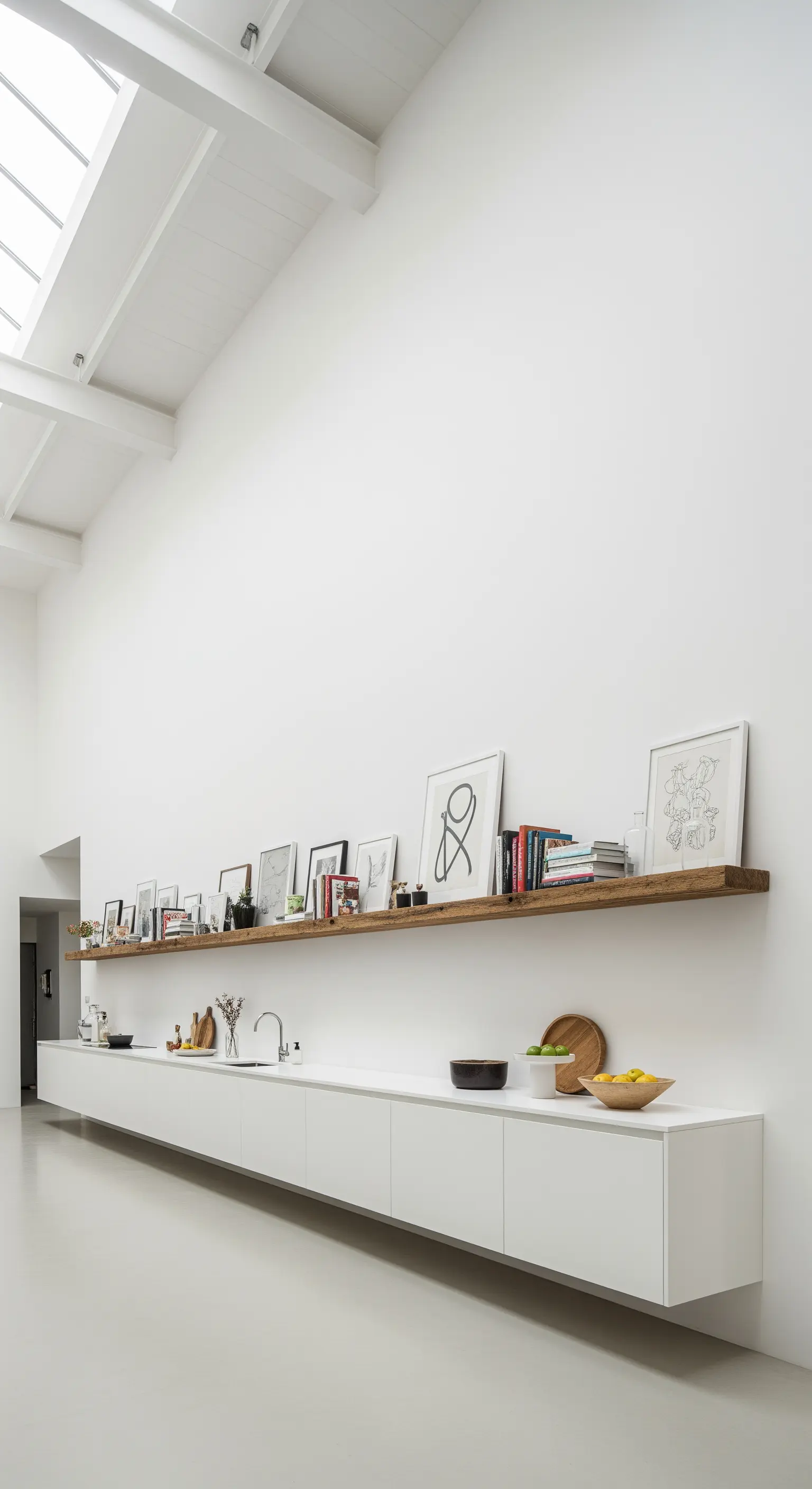 Cucina bianca minimalista con una lunghissima mensola in legno piena di quadri e libri.