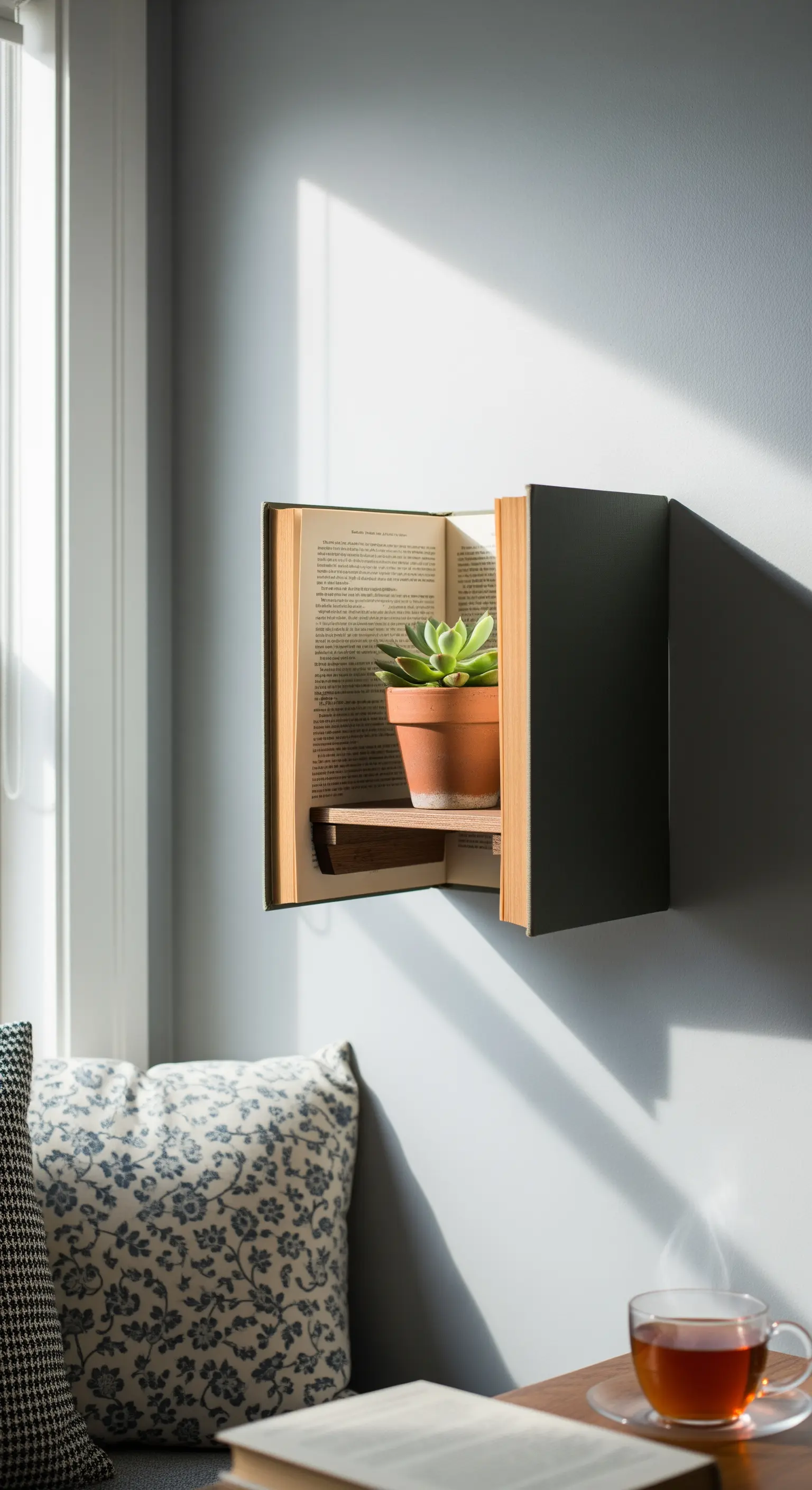 Mensola fai-da-te ricavata da un libro che sorregge una piccola pianta grassa in un angolo luminoso.