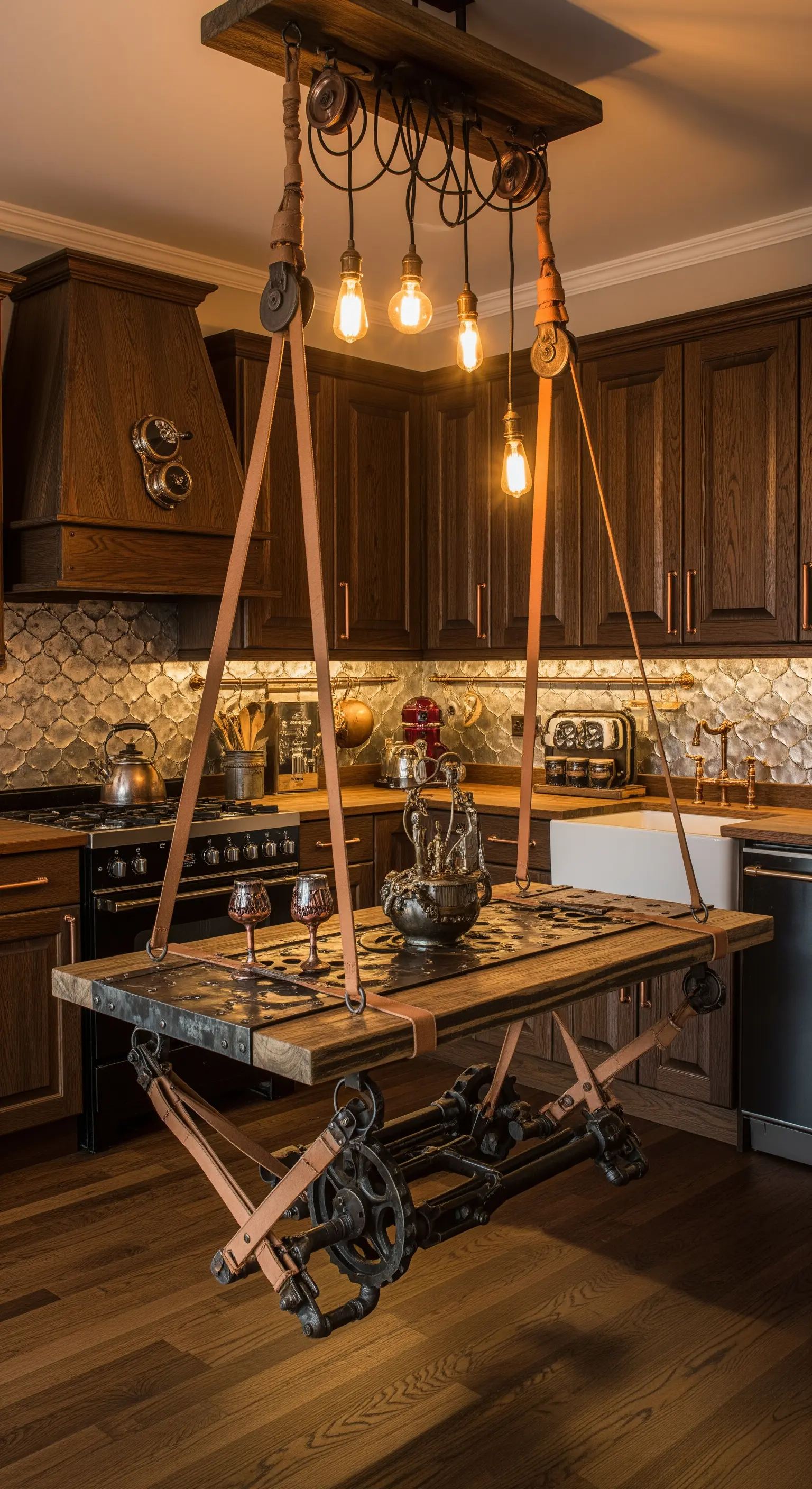 Tavolo in stile steampunk sospeso con cinghie di cuoio, pulegge e ingranaggi.