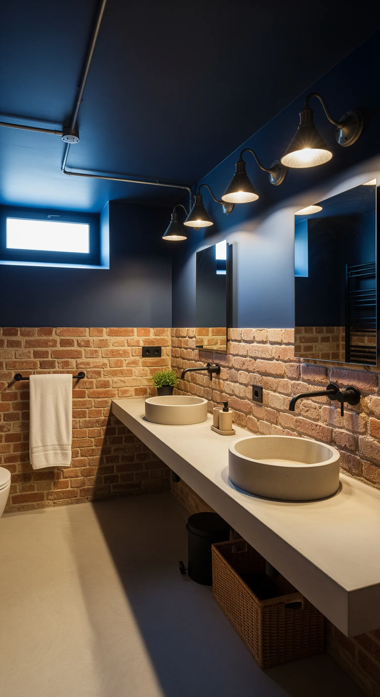 Bagno con parete a mezza altezza in mattoni, top in cemento e luci con tubi a vista.