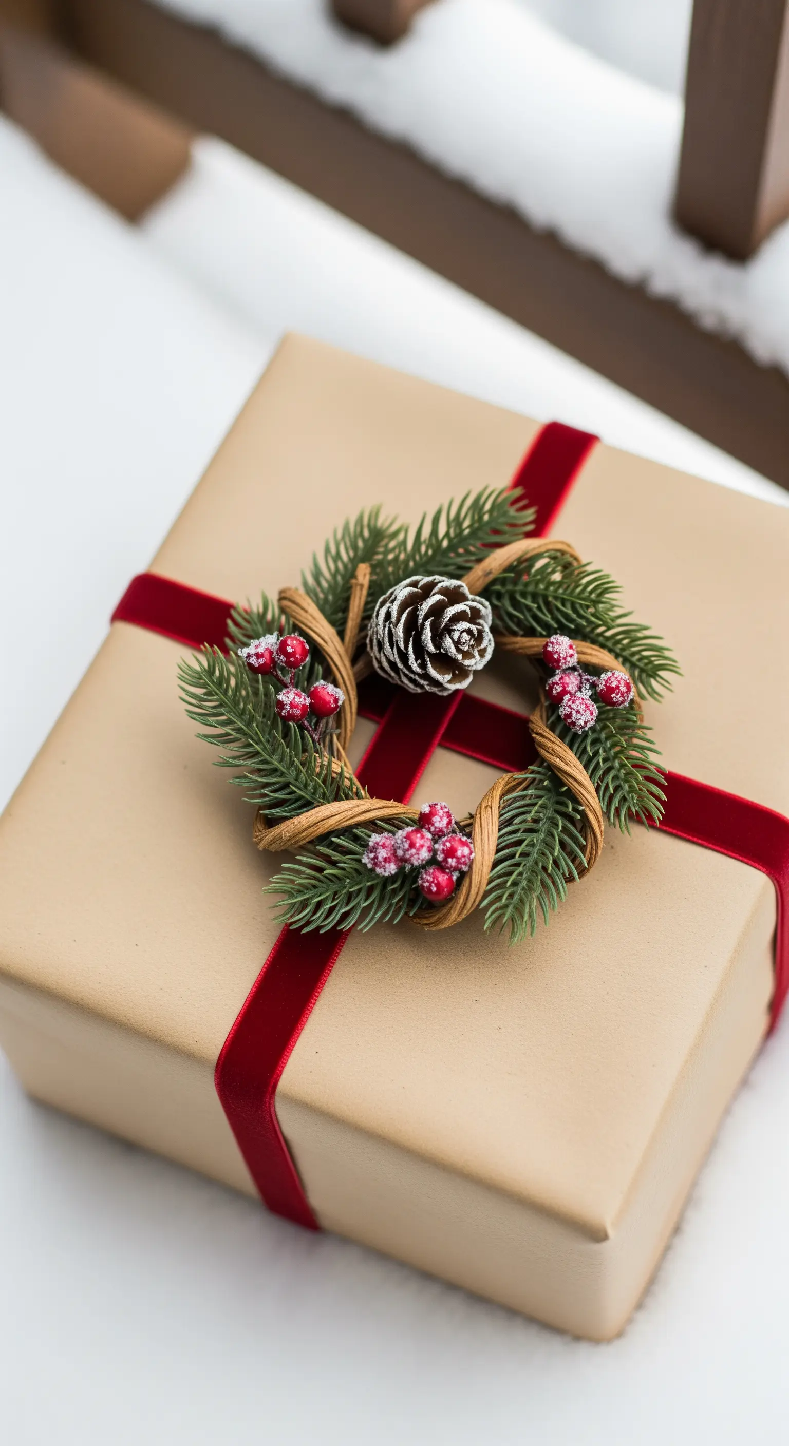 Pacchetto regalo con nastro di velluto rosso e una piccola corona di pino e bacche.
