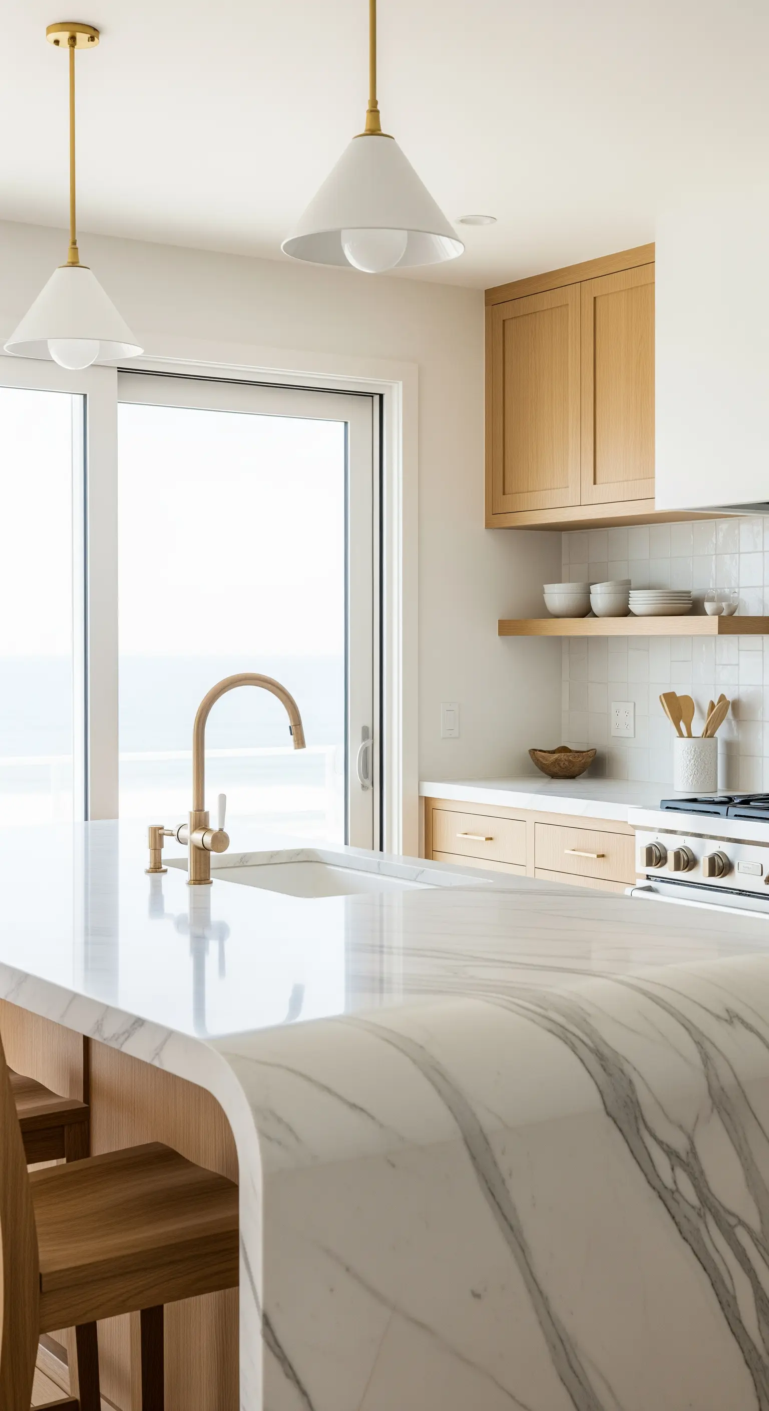 Isola cucina in marmo bianco con angolo curvo a cascata e base in legno chiaro.